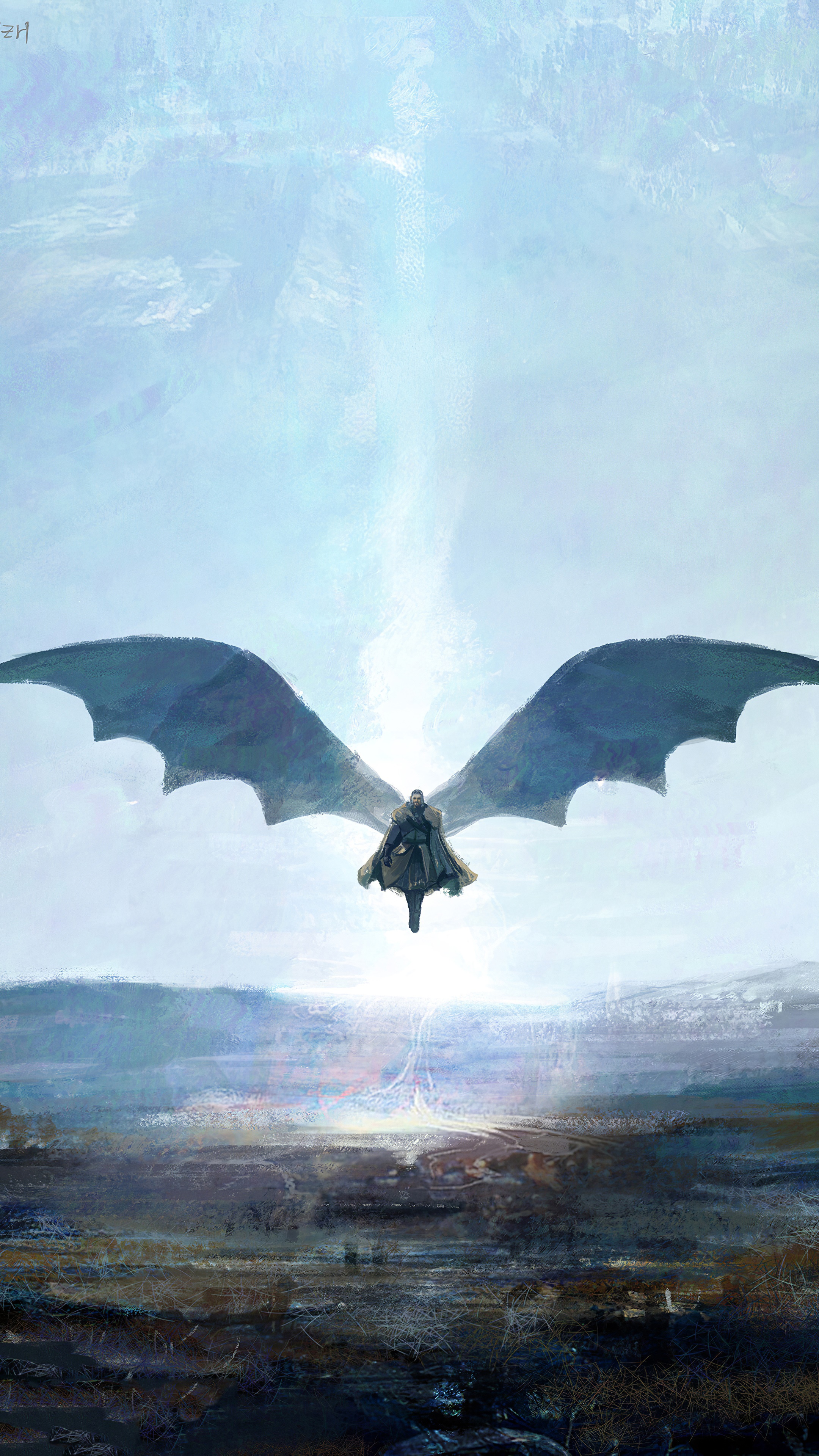 Jon Snow flying on a dragon in Game of Thrones artwork HD Phone Wallpaper