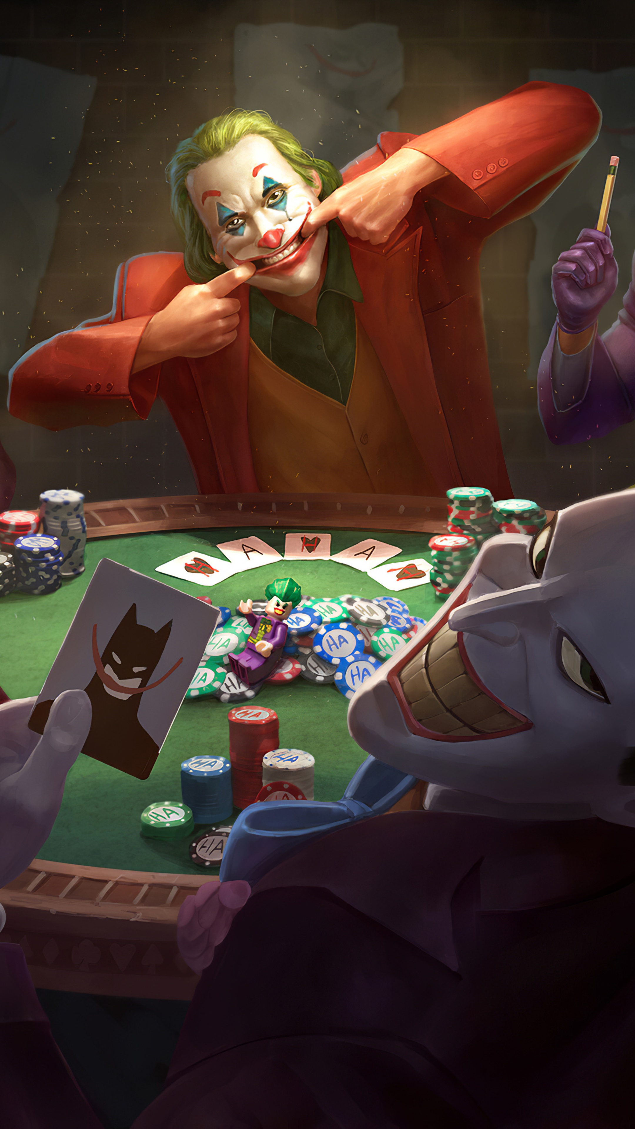 Joker playing poker with Batman card HD Phone Wallpaper