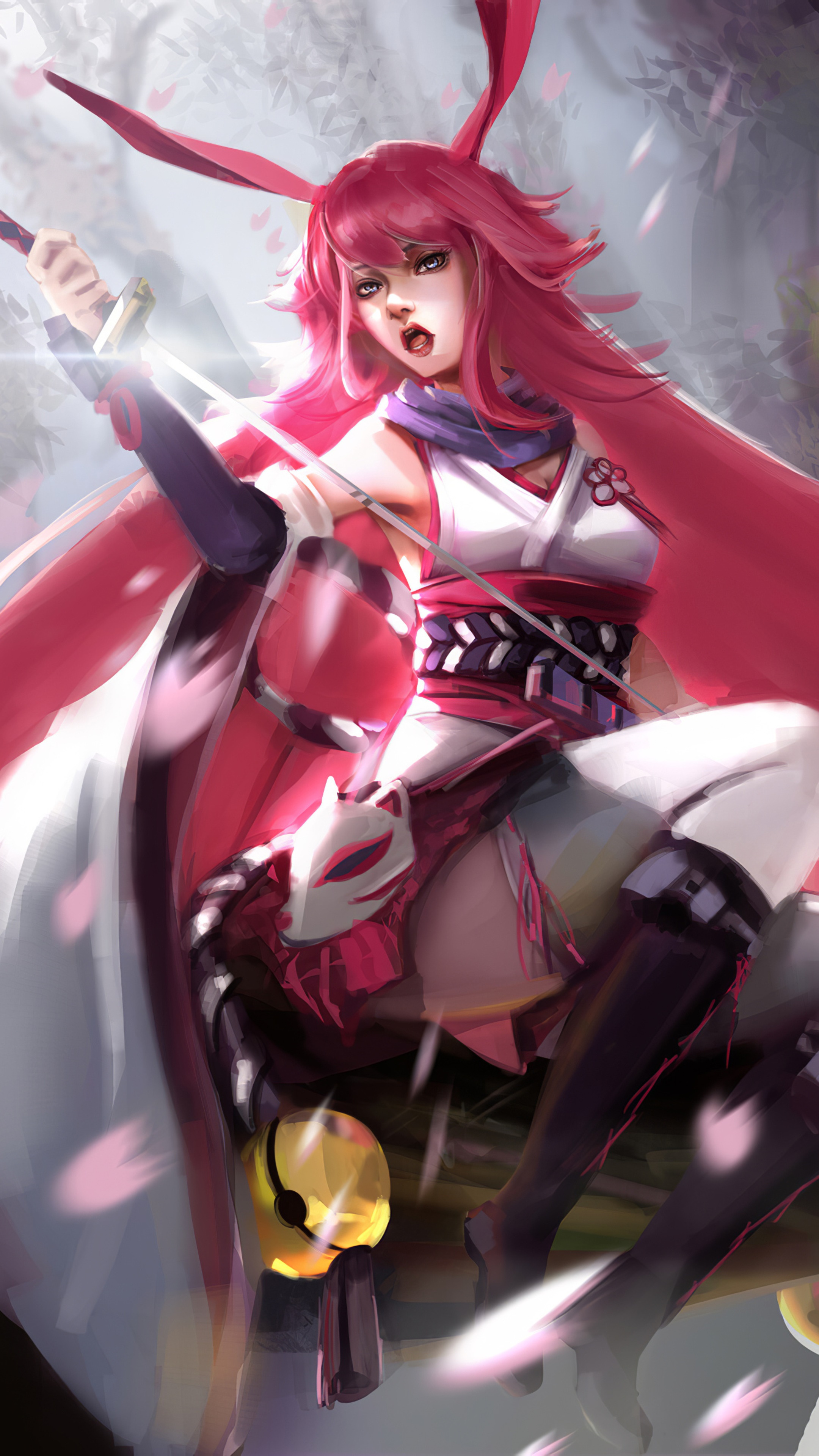 Anime girl with pink hair and fox mask HD Phone Wallpaper