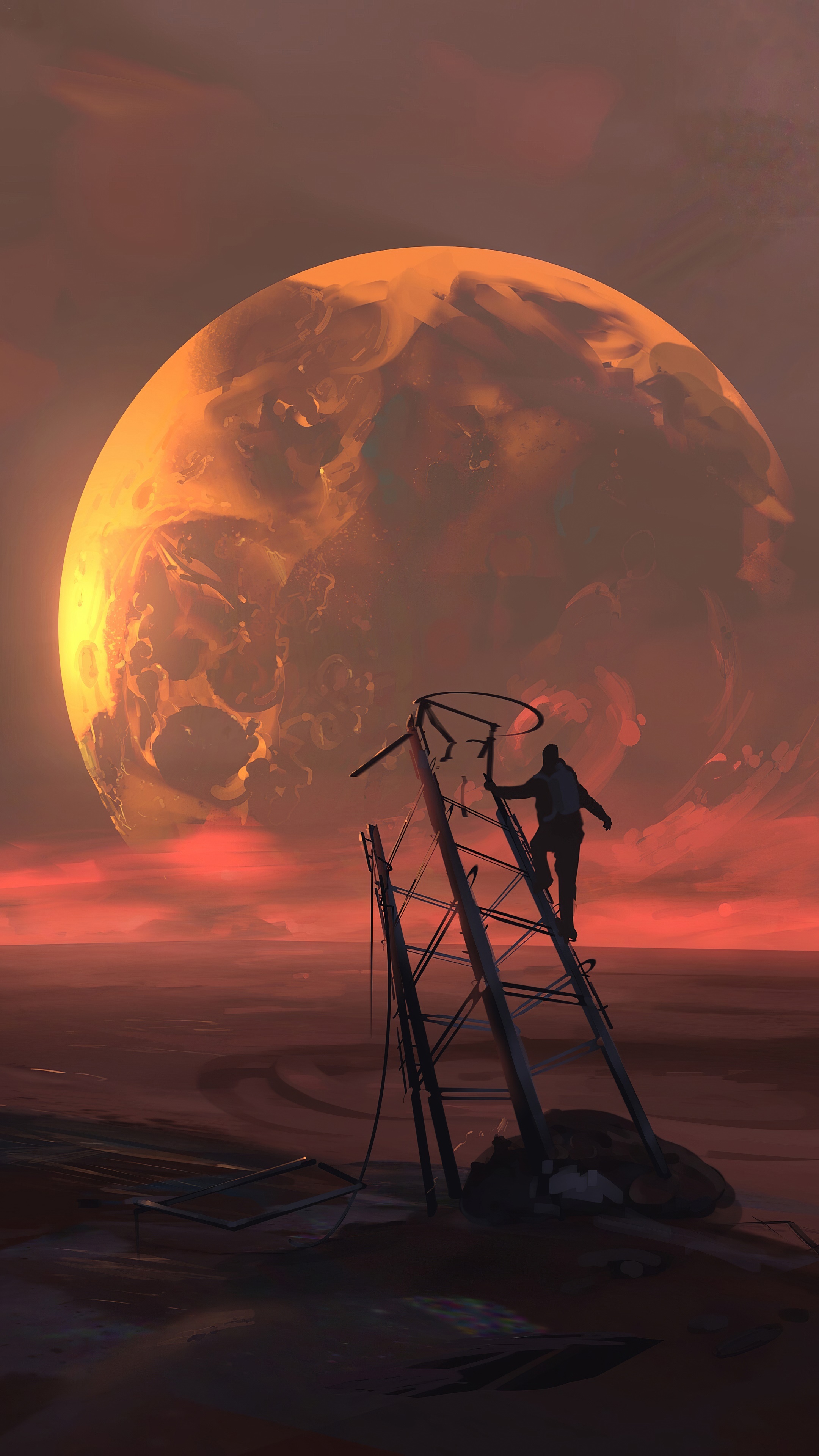 Man climbing tower with large planet in background HD Phone Wallpaper