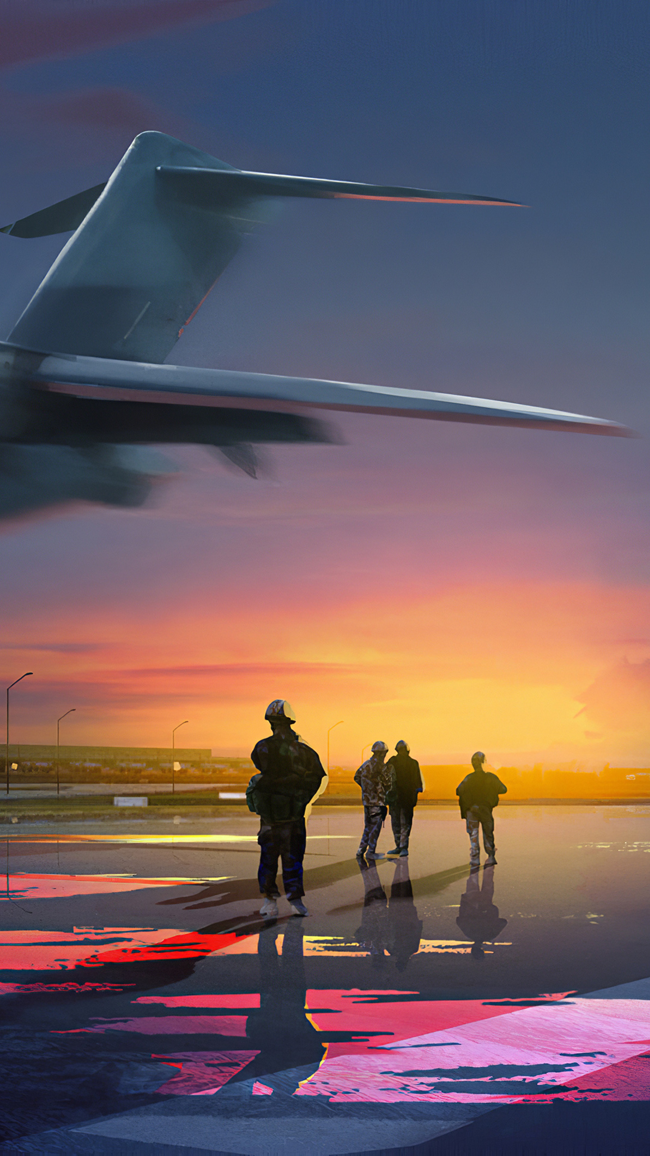 People on tarmac with airplane tail at sunset HD Phone Wallpaper