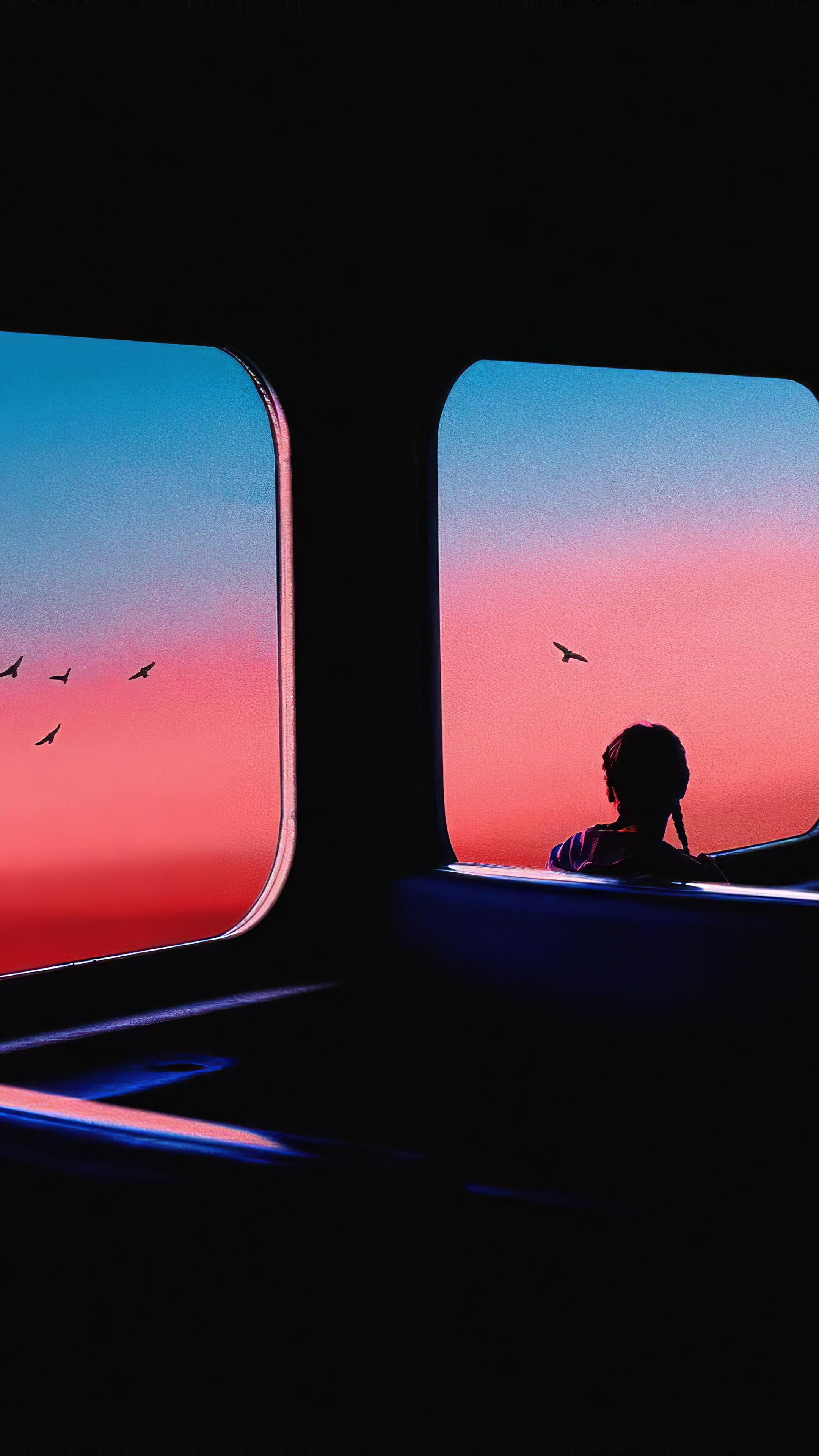 Person looking out bus window at sunset with birds HD Phone Wallpaper