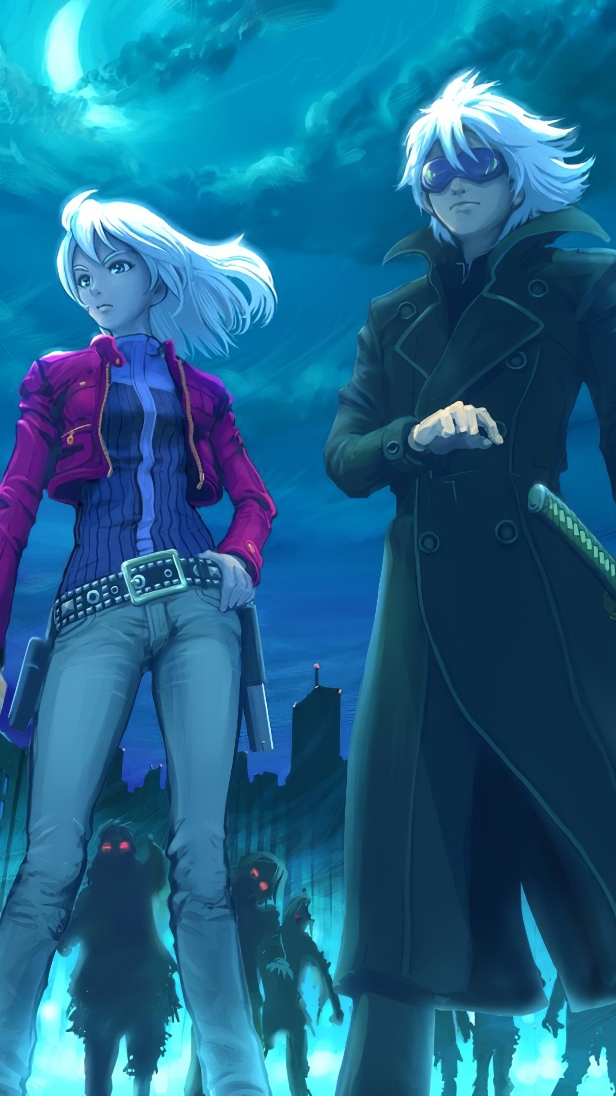 Anime characters with glowing red-eyed figures in the background HD Phone Wallpaper