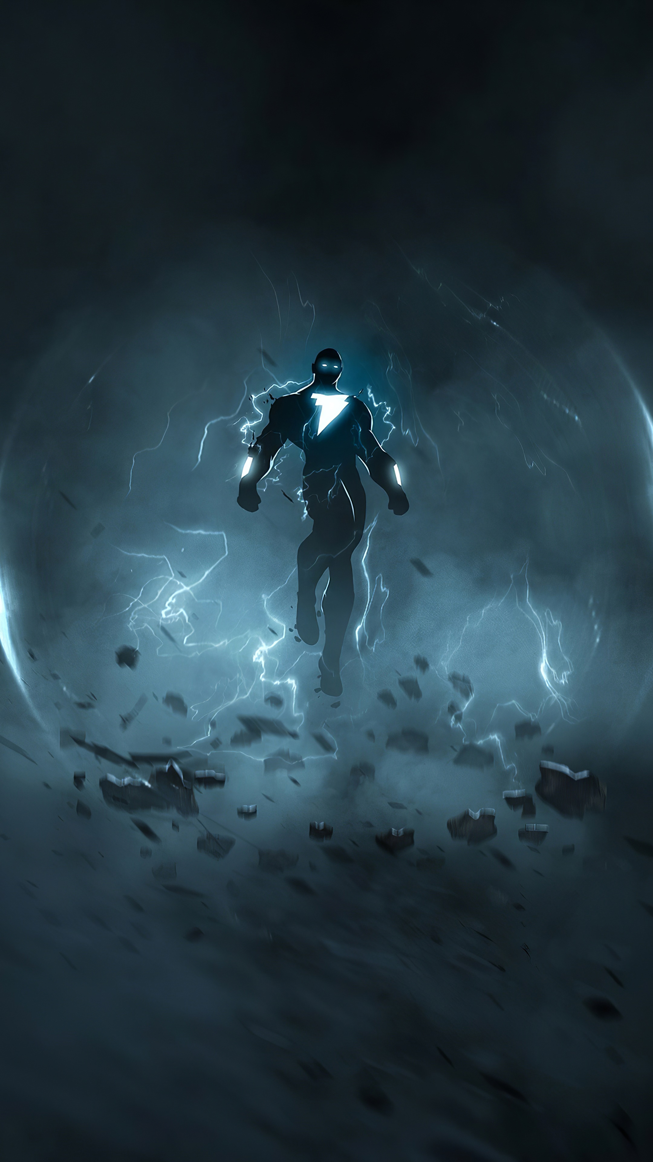 Black Adam surrounded by lightning and debris HD Phone Wallpaper
