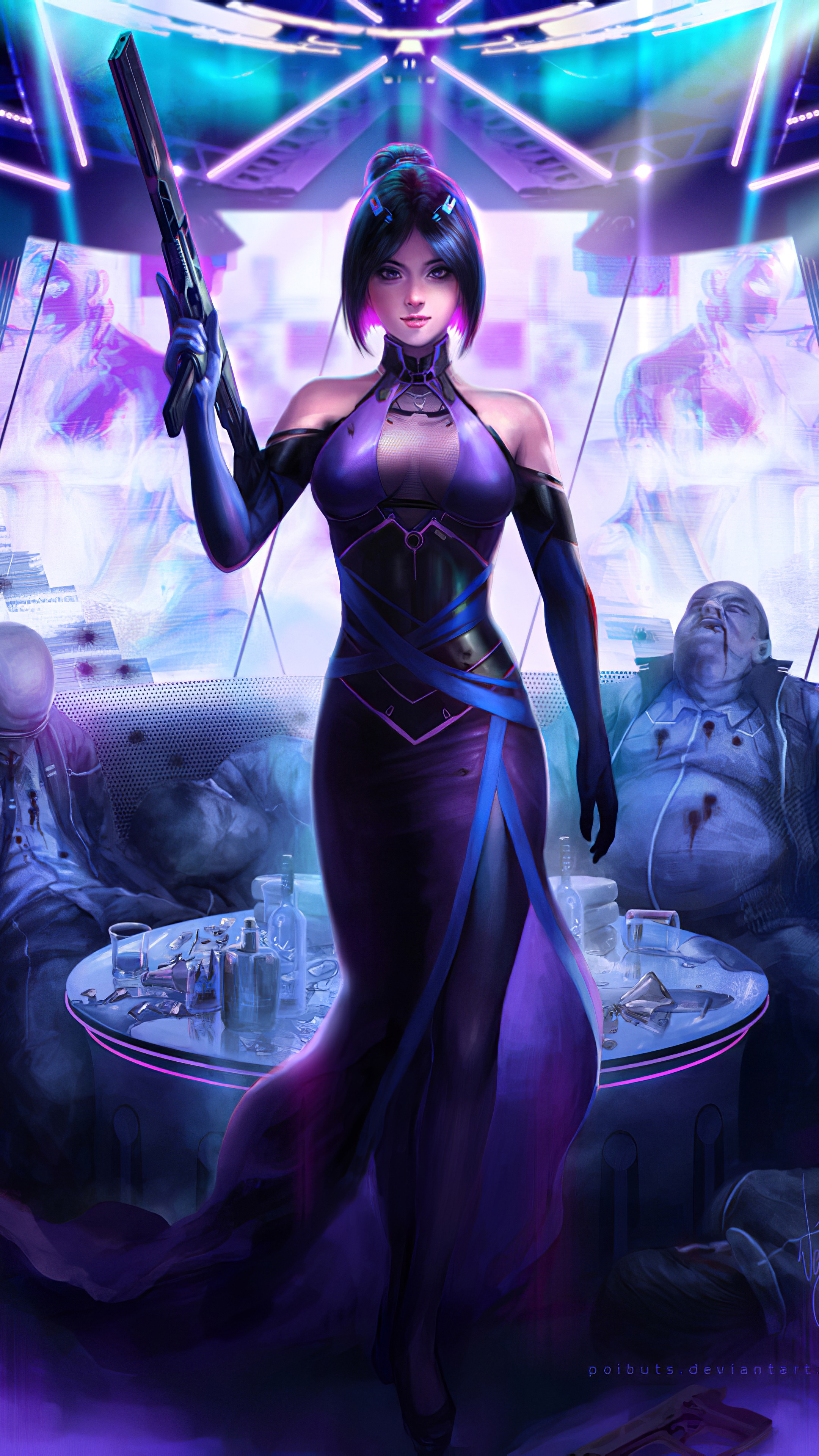 Woman in purple dress holding a rifle HD Phone Wallpaper