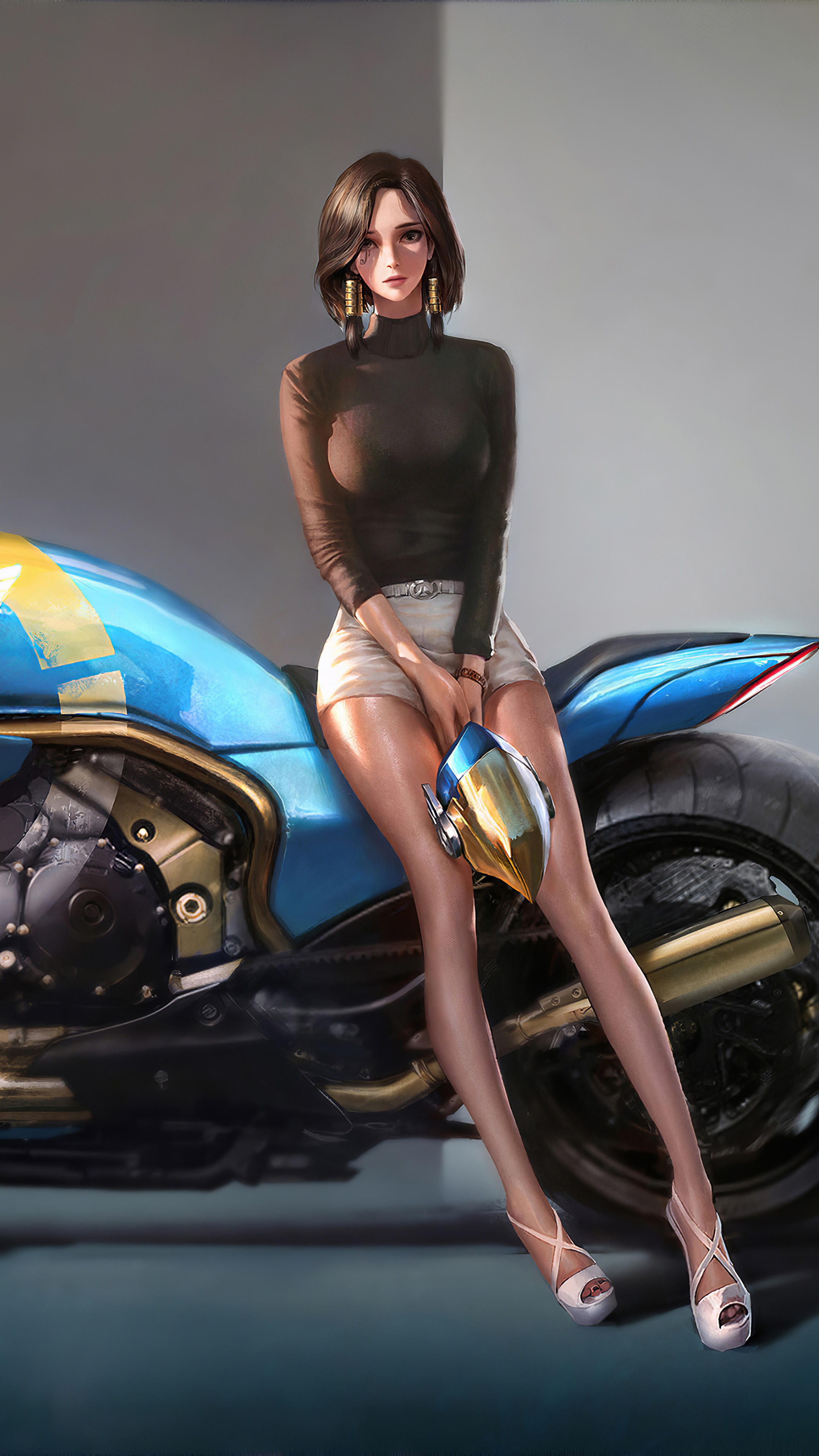 Anime girl with motorcycle and helmet HD Phone Wallpaper