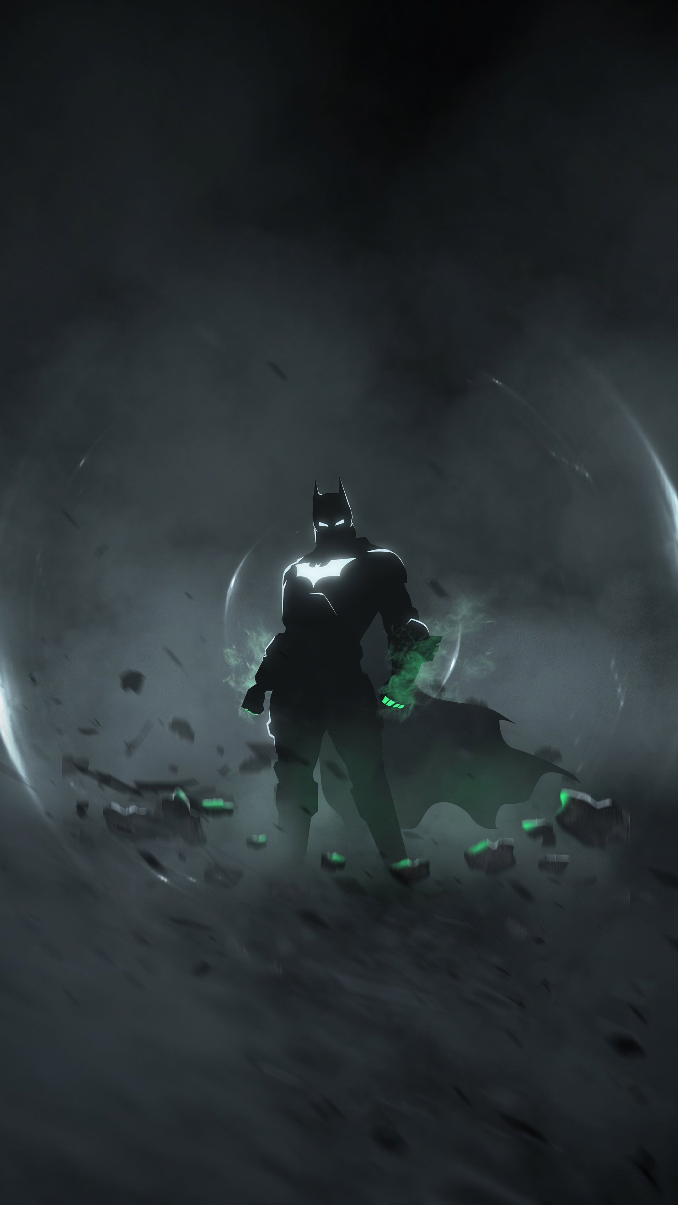 Batman in a dark, smoky environment with green energy HD Phone Wallpaper