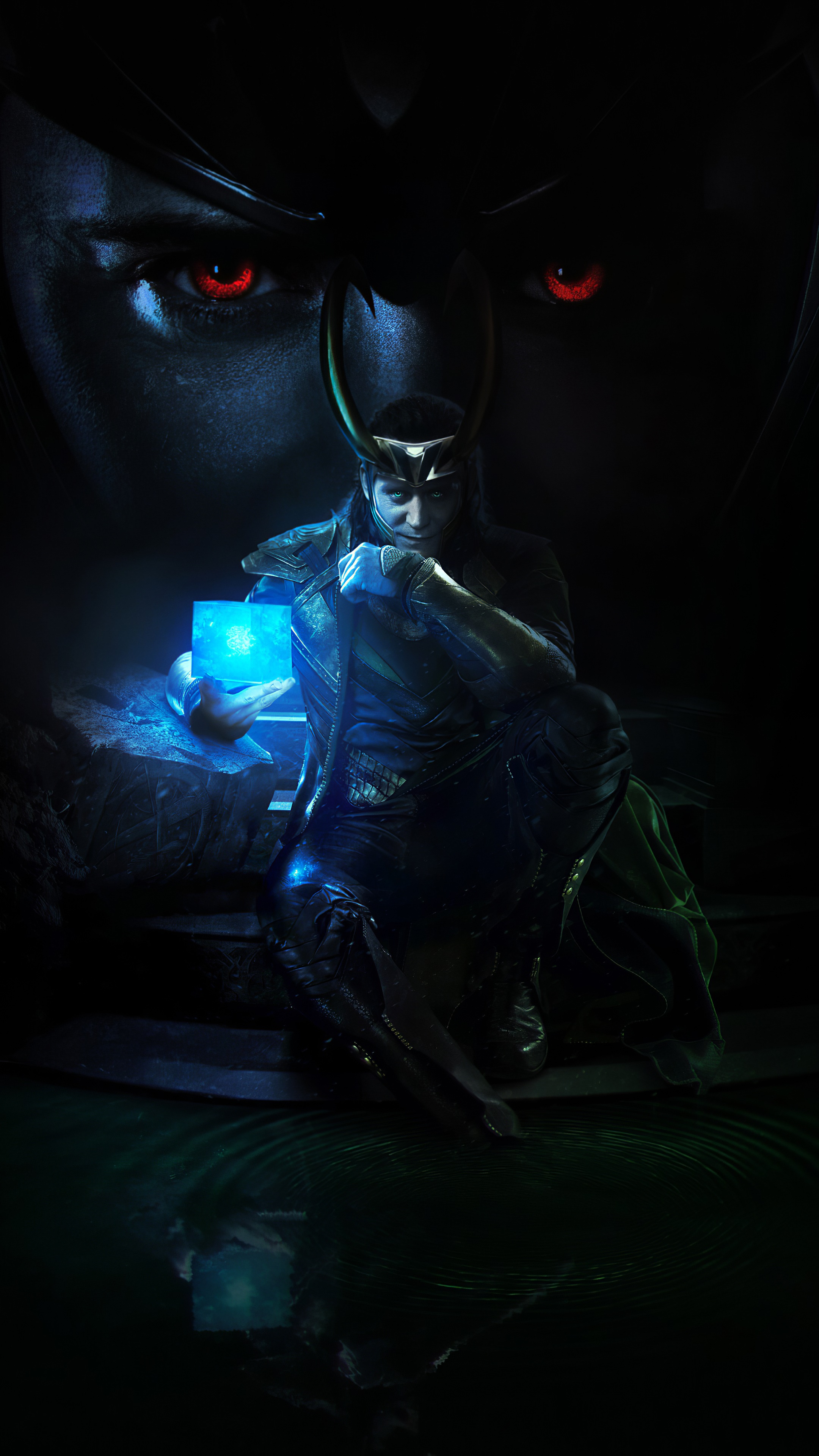 Loki holding the Tesseract artwork 4K HD Phone Wallpaper