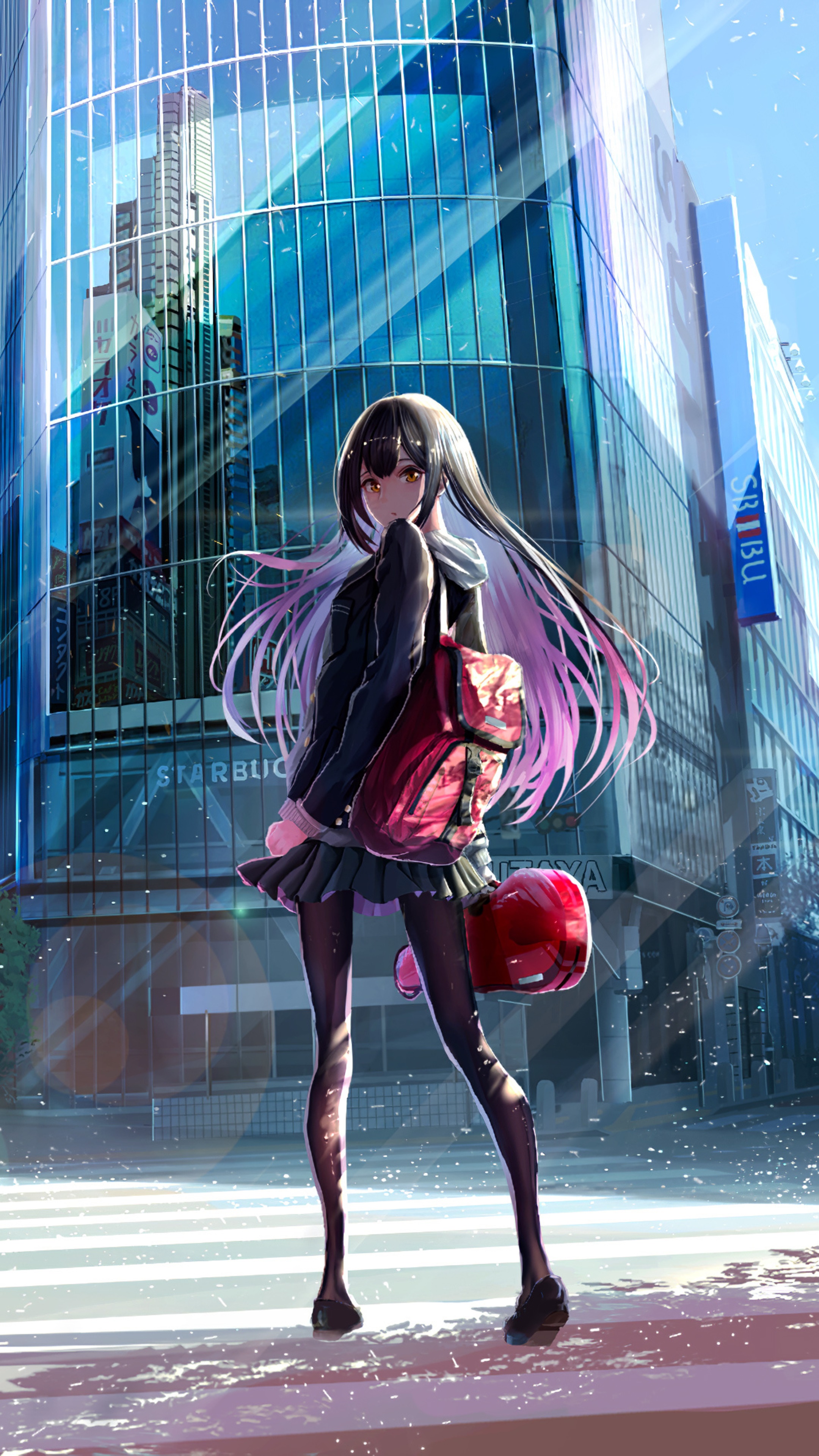 Anime girl with backpack in city 4K HD Phone Wallpaper