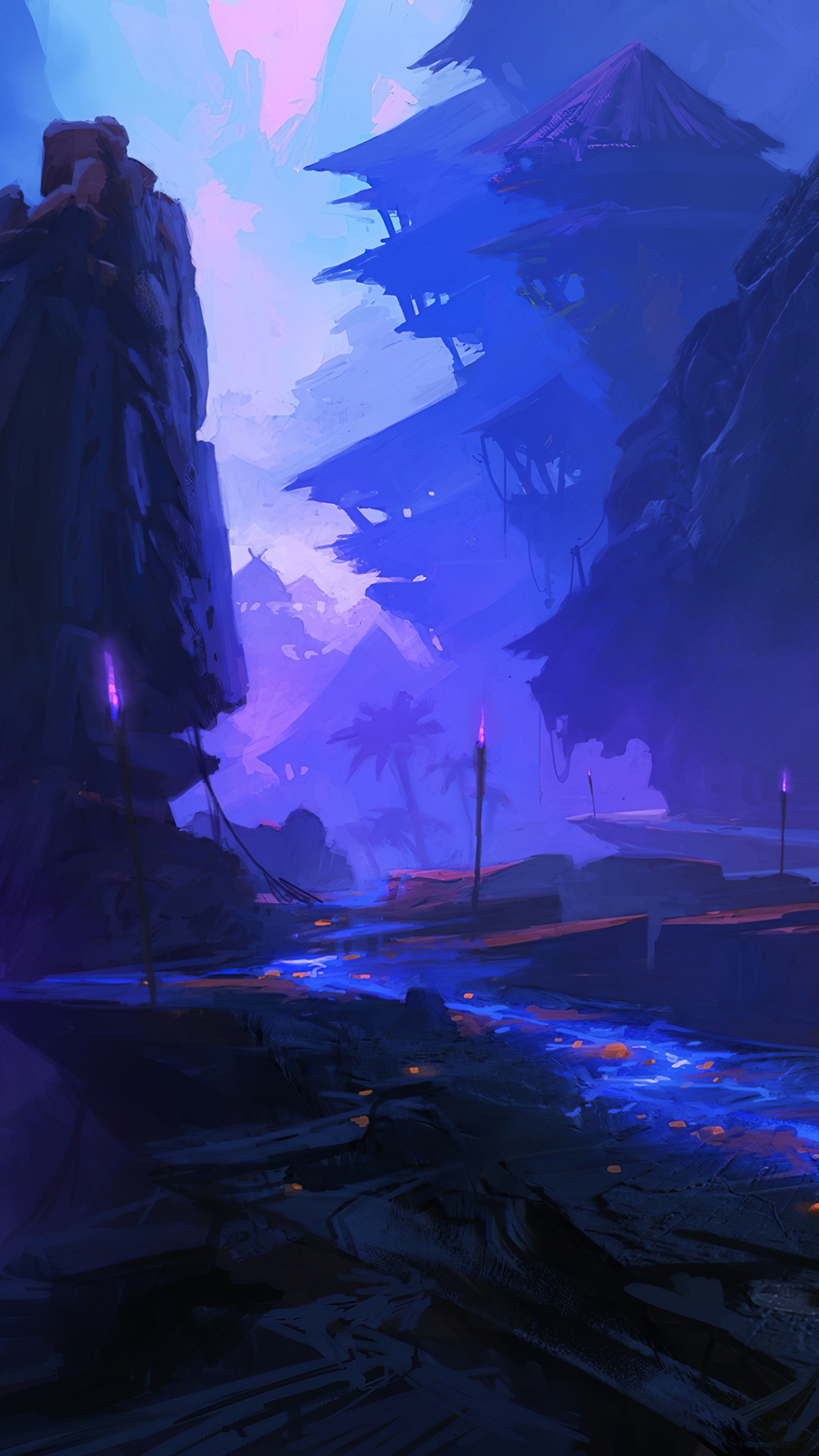 Fantasy landscape with glowing river and alien structures HD Phone Wallpaper