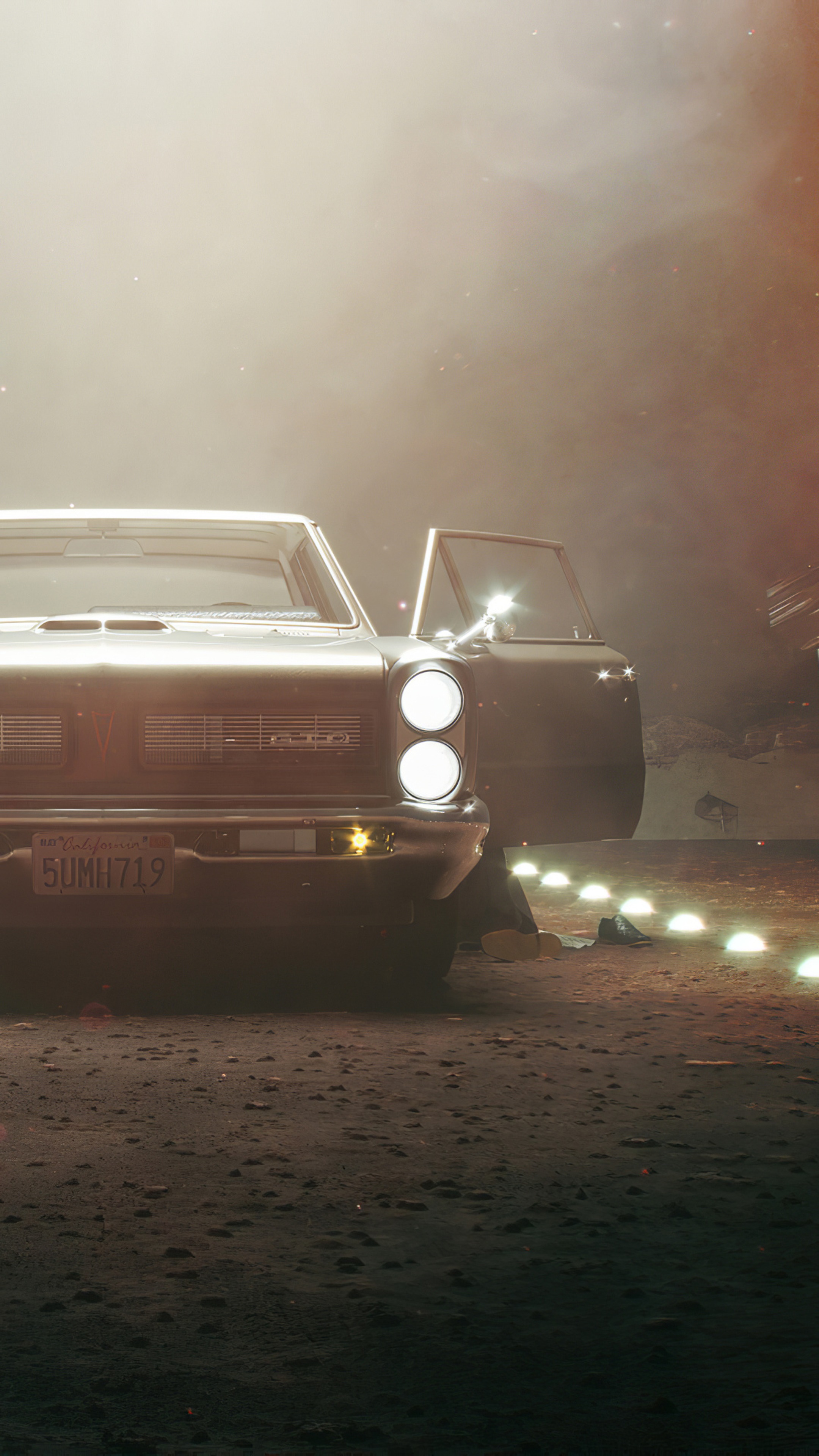 Classic car with open door and lights HD Phone Wallpaper