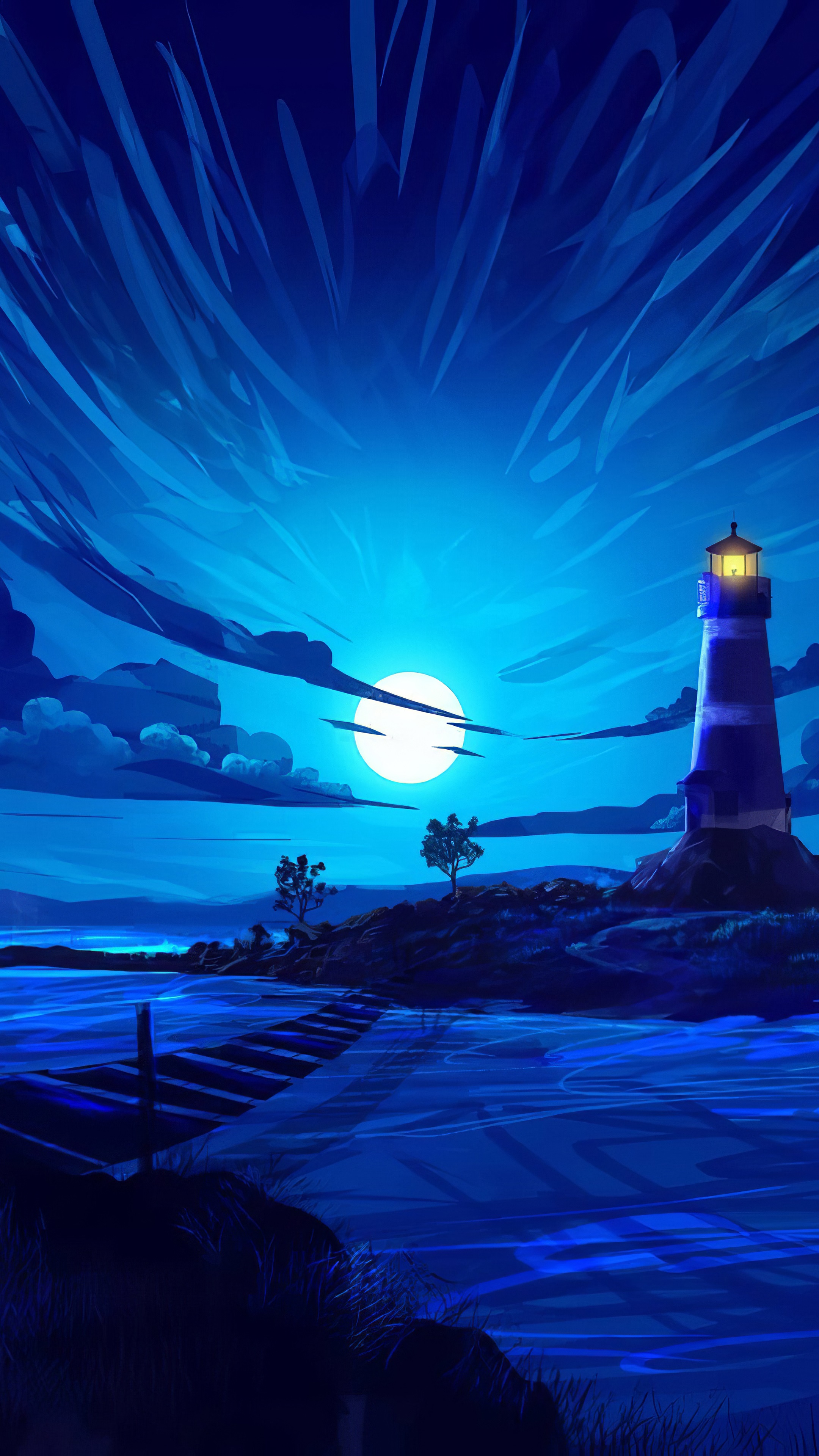 Digital art of a lighthouse at night HD Phone Wallpaper