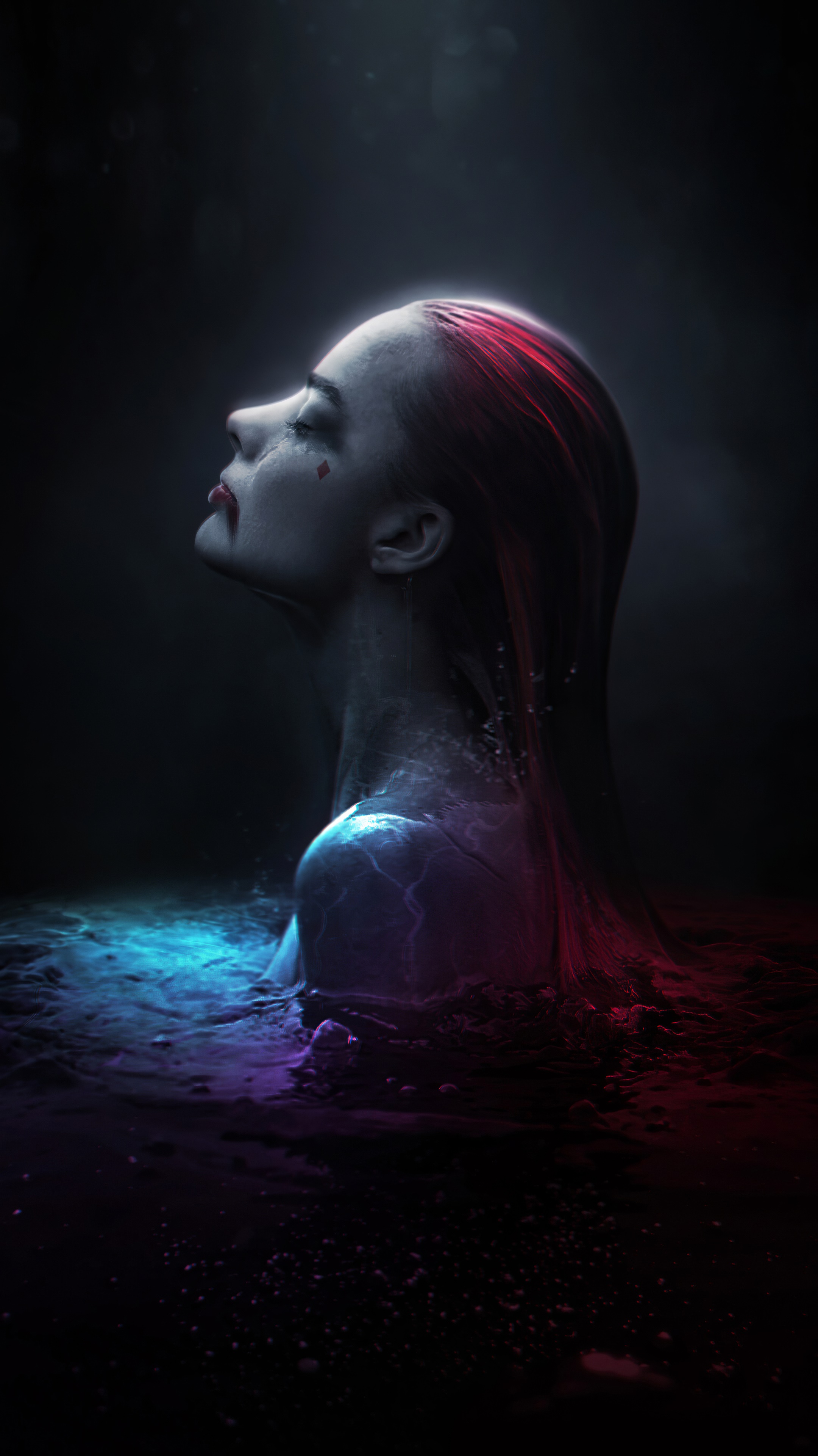 Harley Quinn in dark water with red and blue light HD Phone Wallpaper