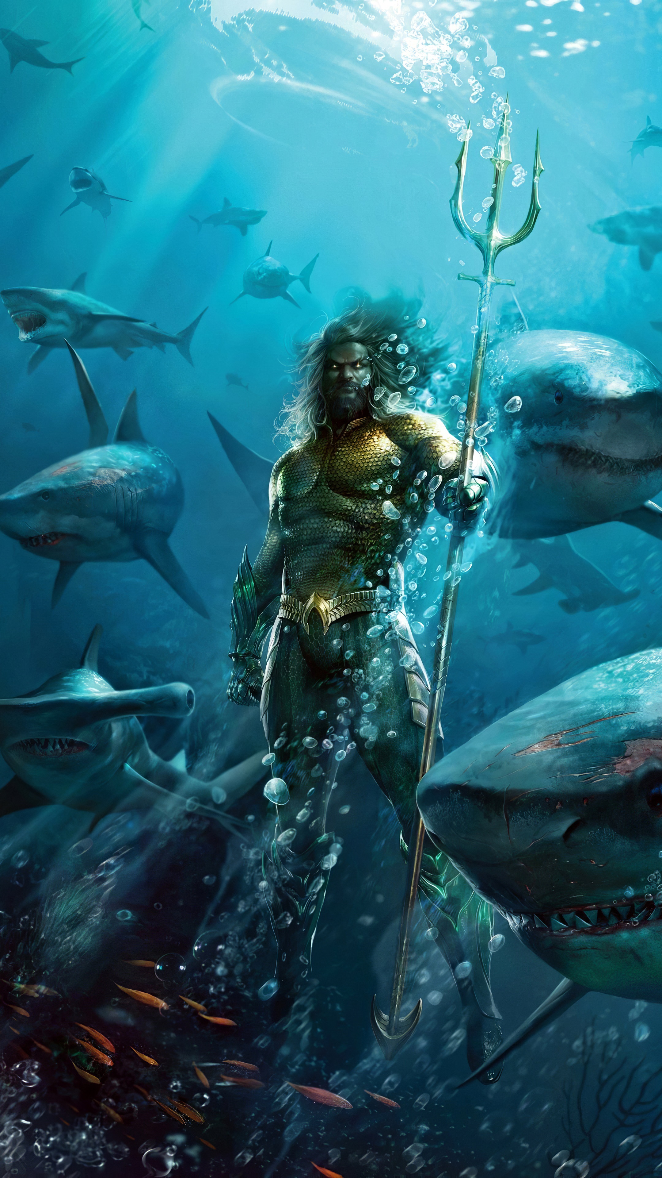 Aquaman with sharks in the ocean HD Phone Wallpaper