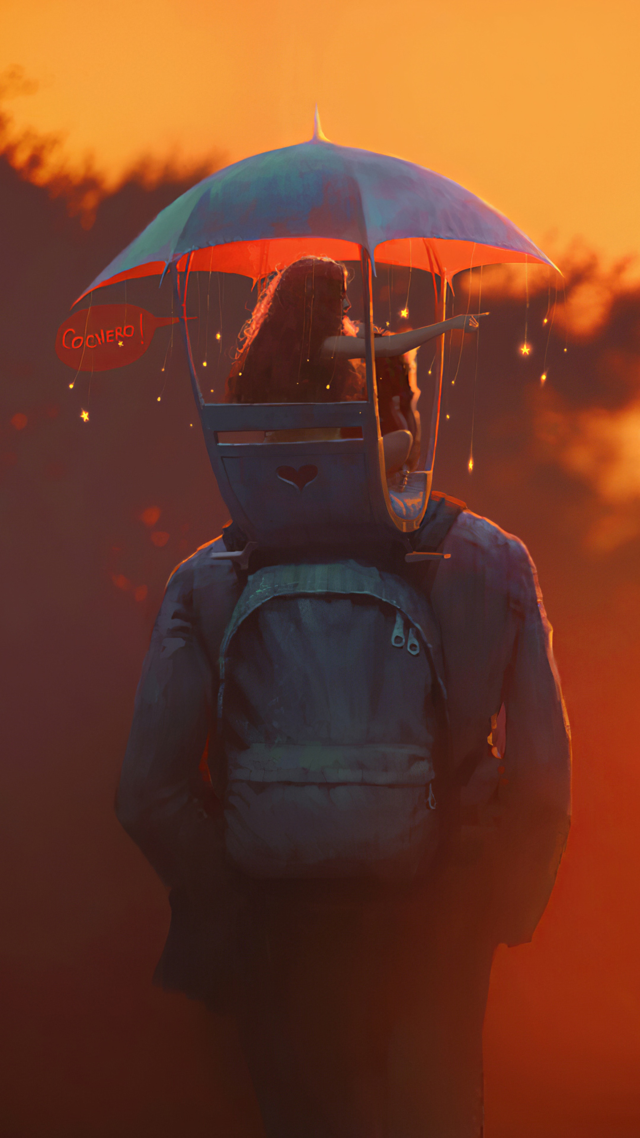 Girl in umbrella backpack at sunset HD Phone Wallpaper