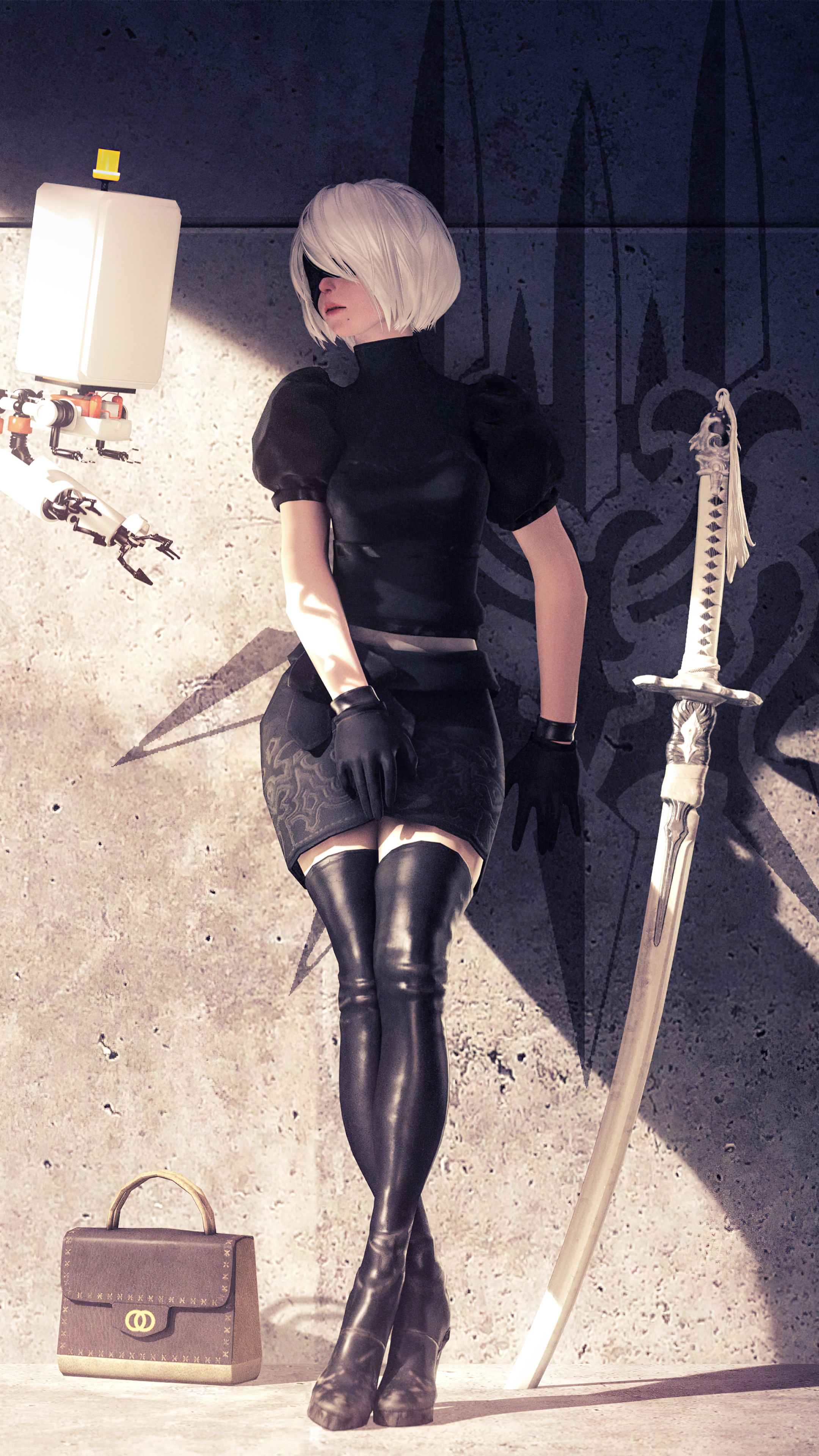 2B from Nier Automata with sword and bag HD Phone Wallpaper