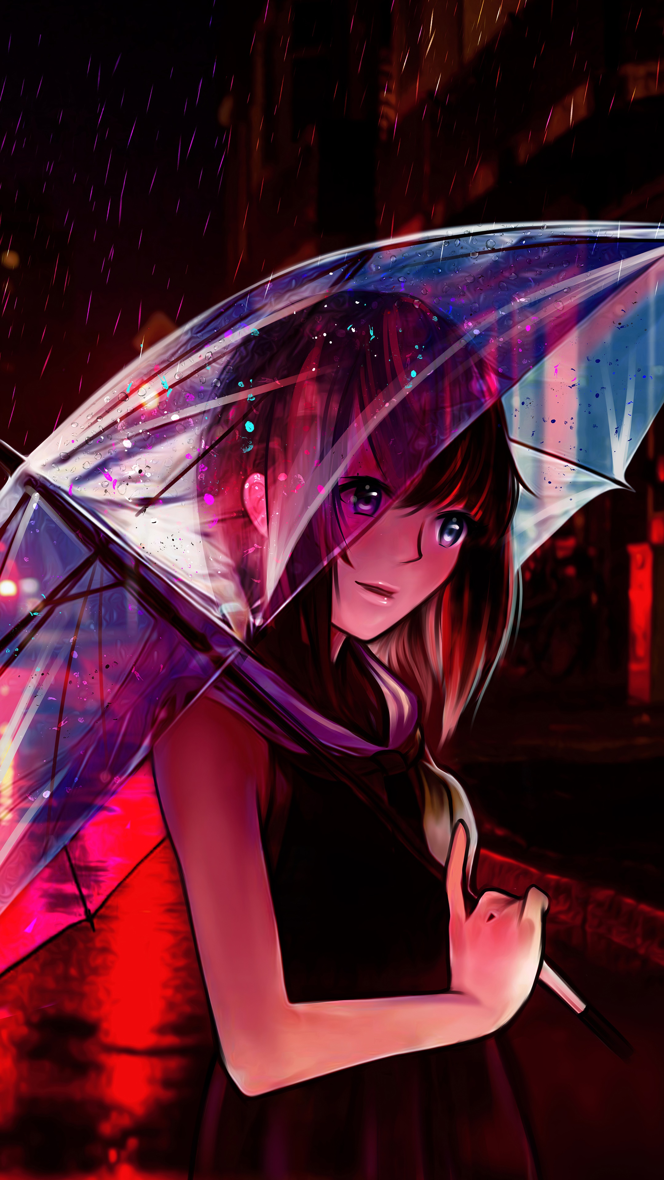 Anime girl with umbrella in the rain HD Phone Wallpaper
