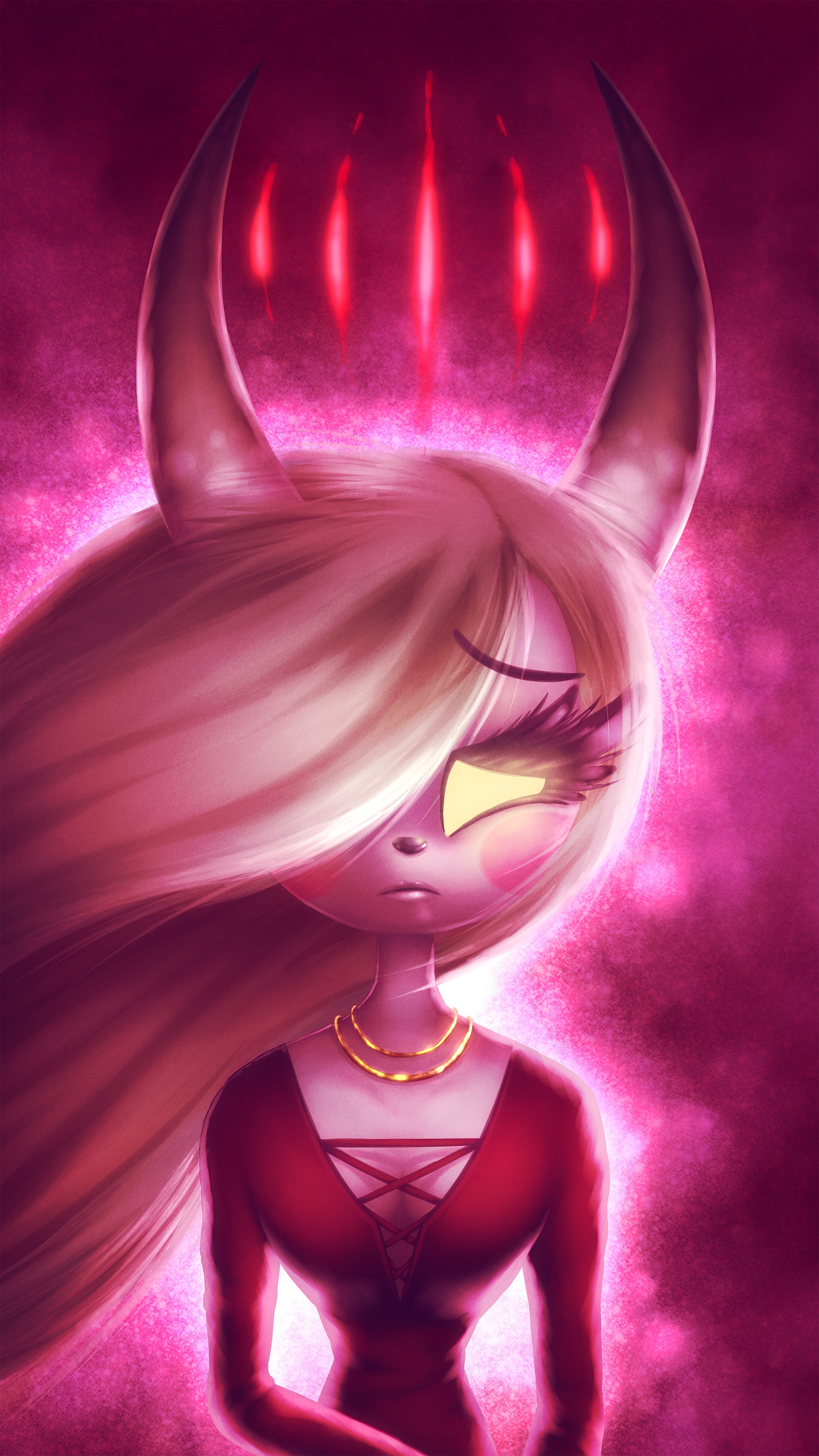 Anime girl with horns and red dress HD Phone Wallpaper