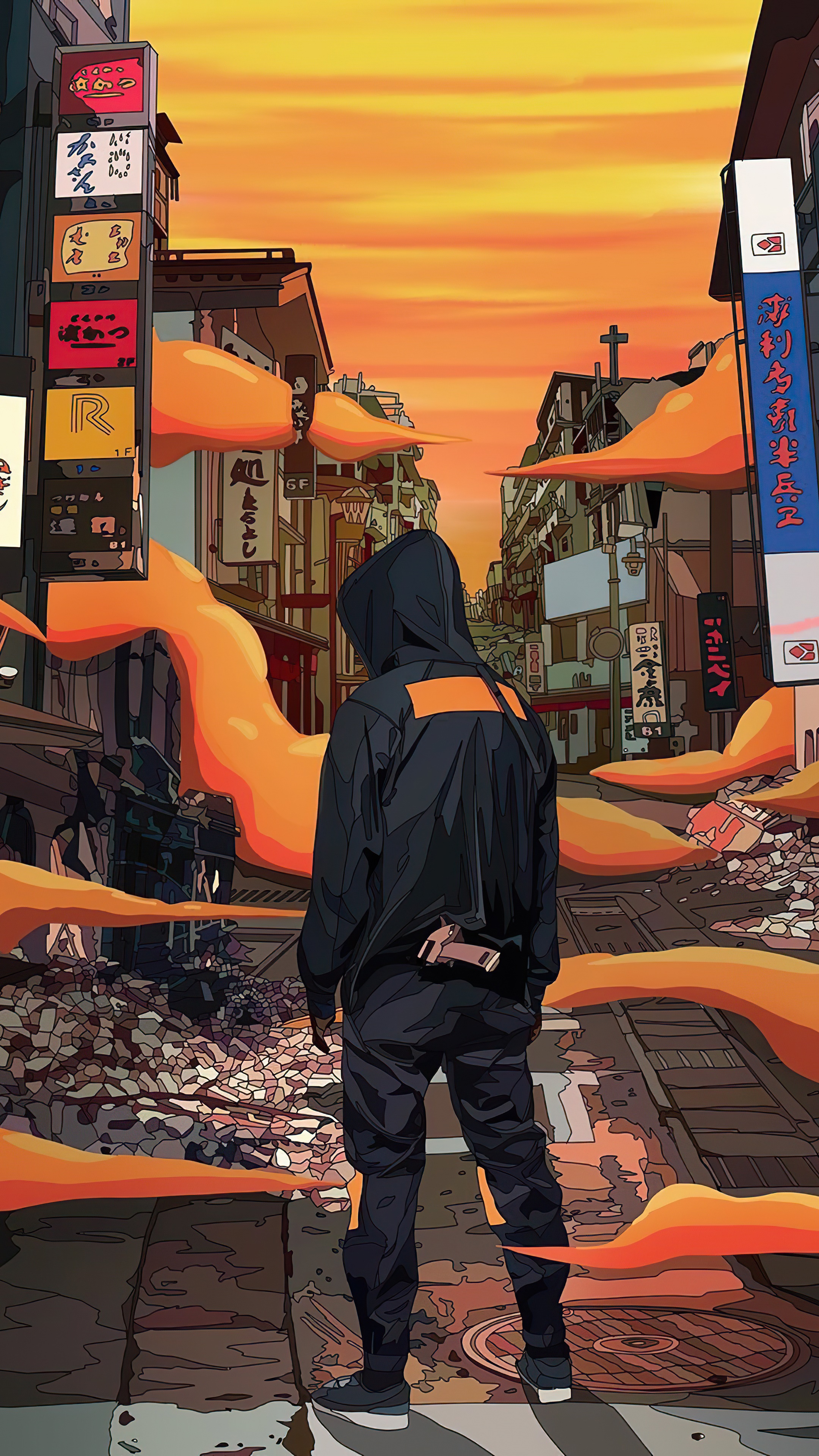 Man in hoodie in destroyed city at sunset HD Phone Wallpaper