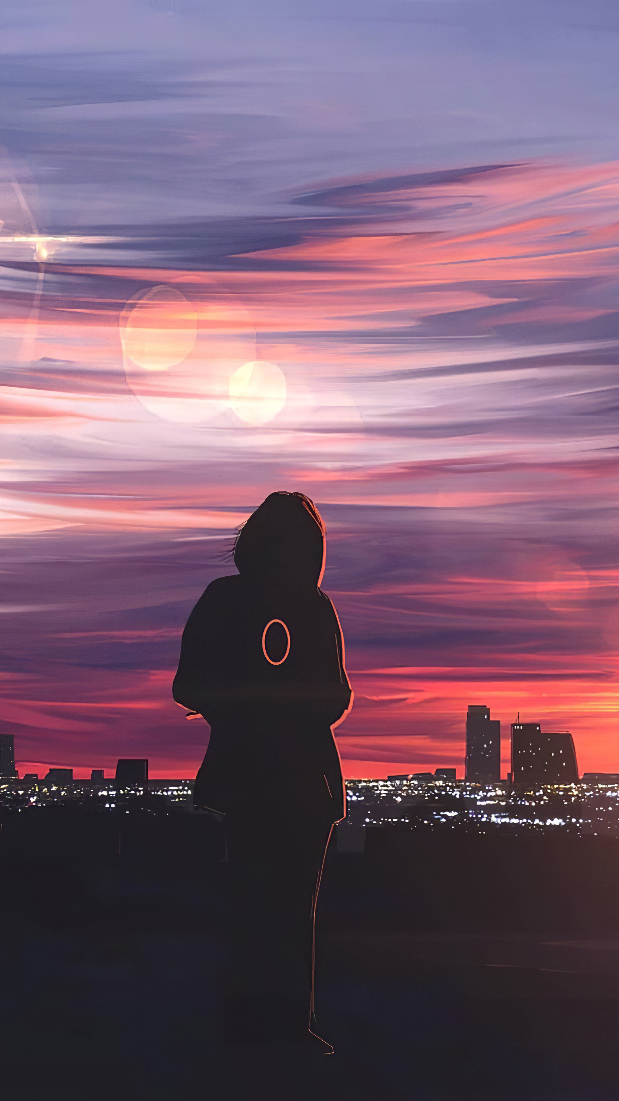 Artwork of a person with a glowing circle on their back against a city skyline at sunset HD Phone Wallpaper