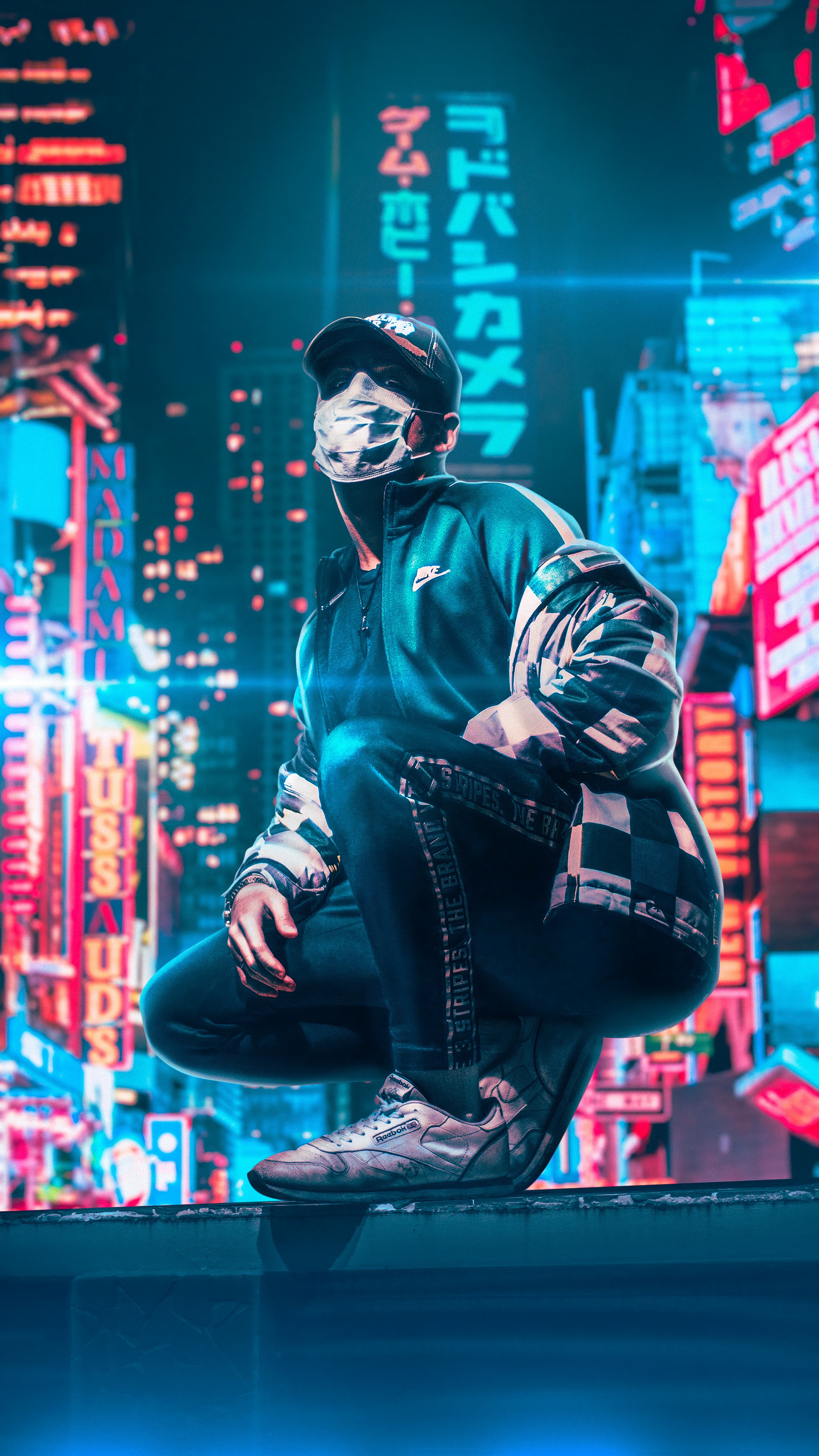 Man in mask and hat in neon city HD Phone Wallpaper