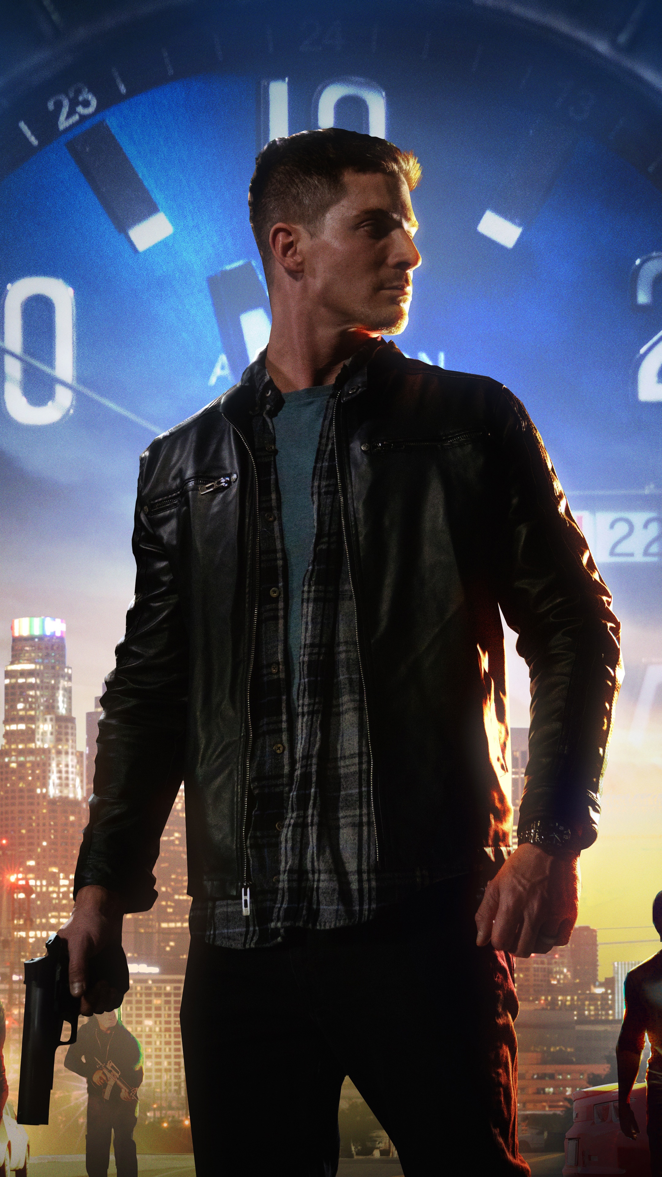 Man with Gun in front of Clock and City HD Phone Wallpaper