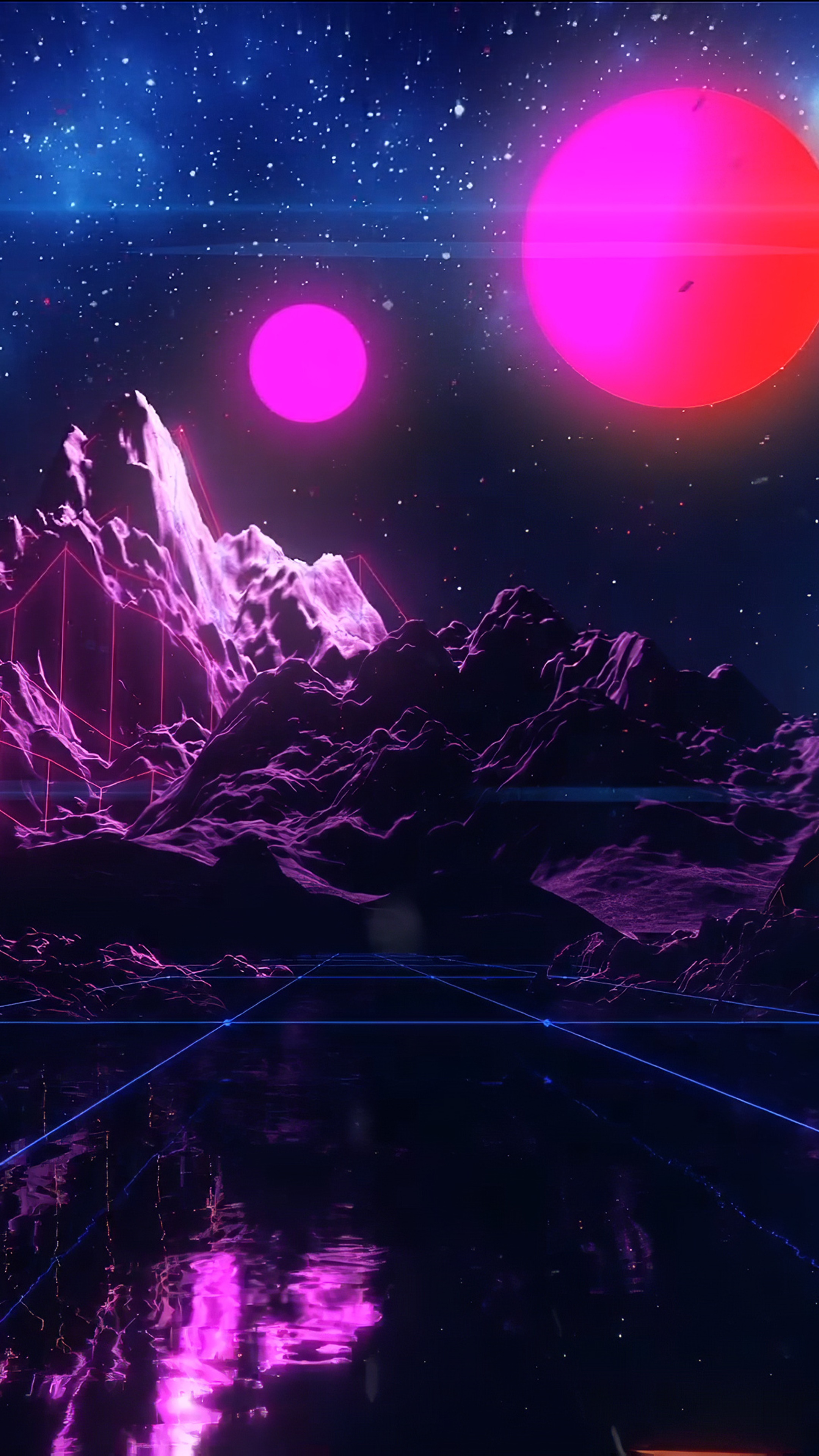 Retrowave digital art with neon mountains and planets HD Phone Wallpaper