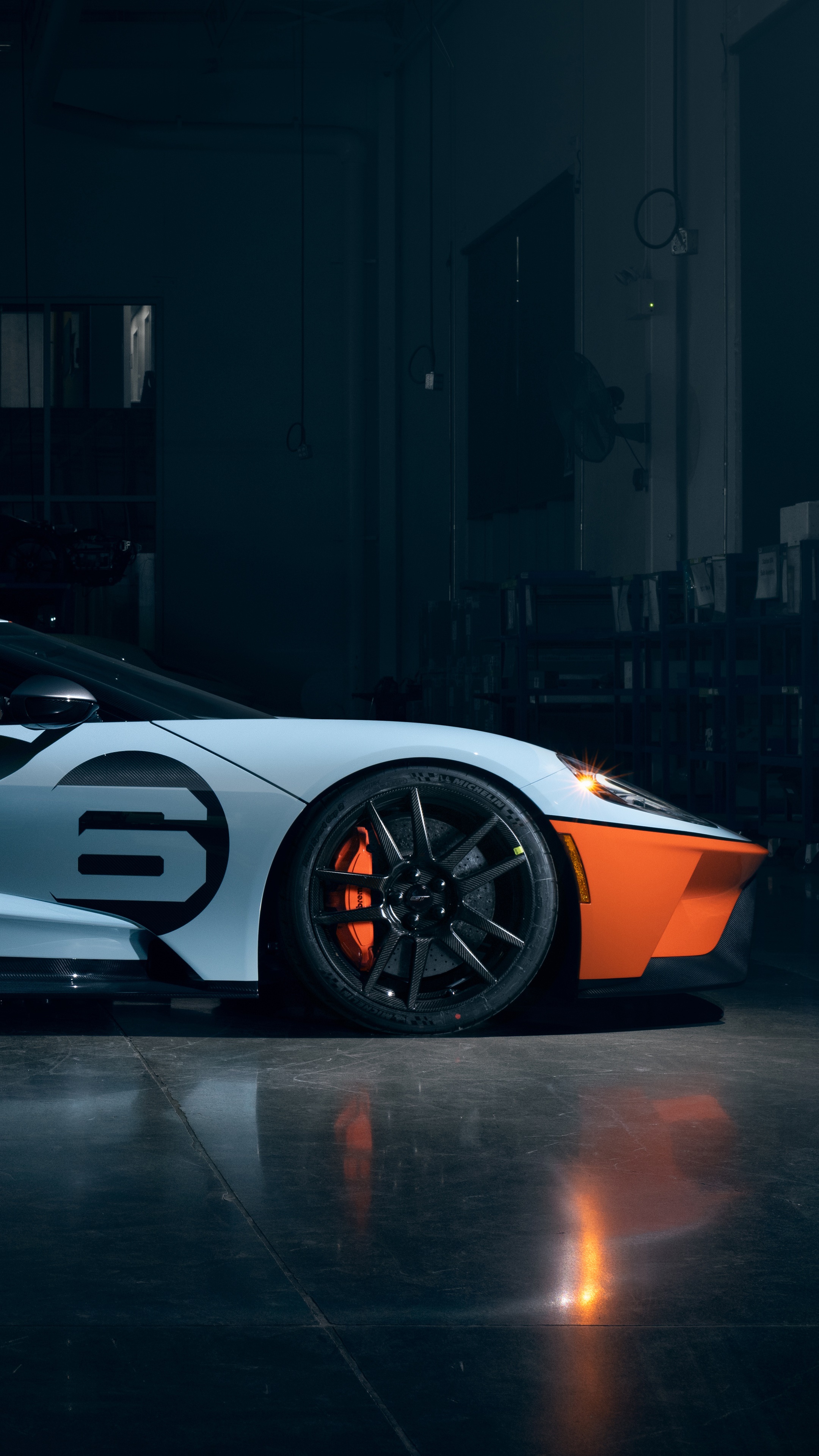 Ford GT race car with orange accents HD Phone Wallpaper