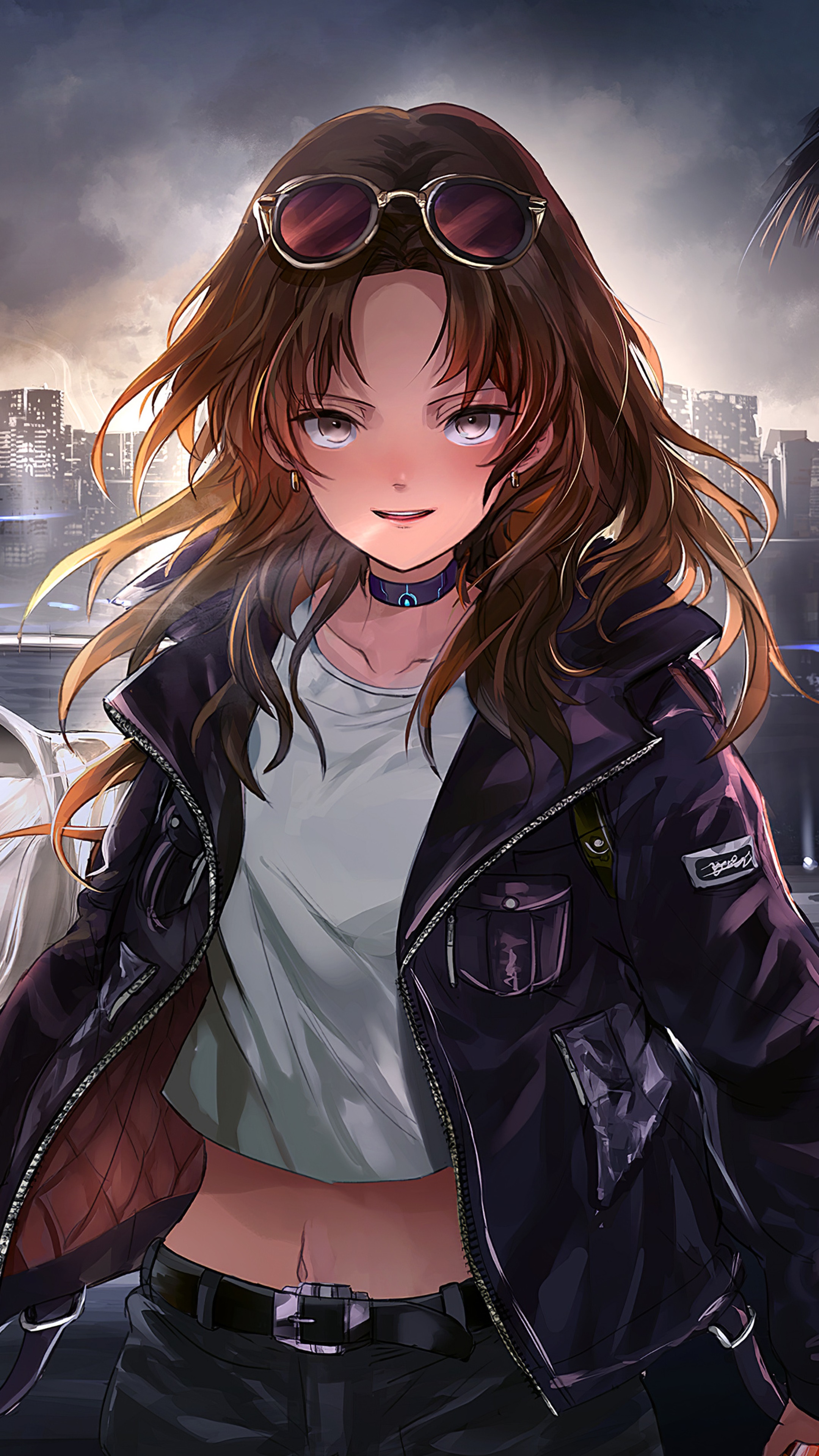 Anime girl with sunglasses and jacket in city HD Phone Wallpaper