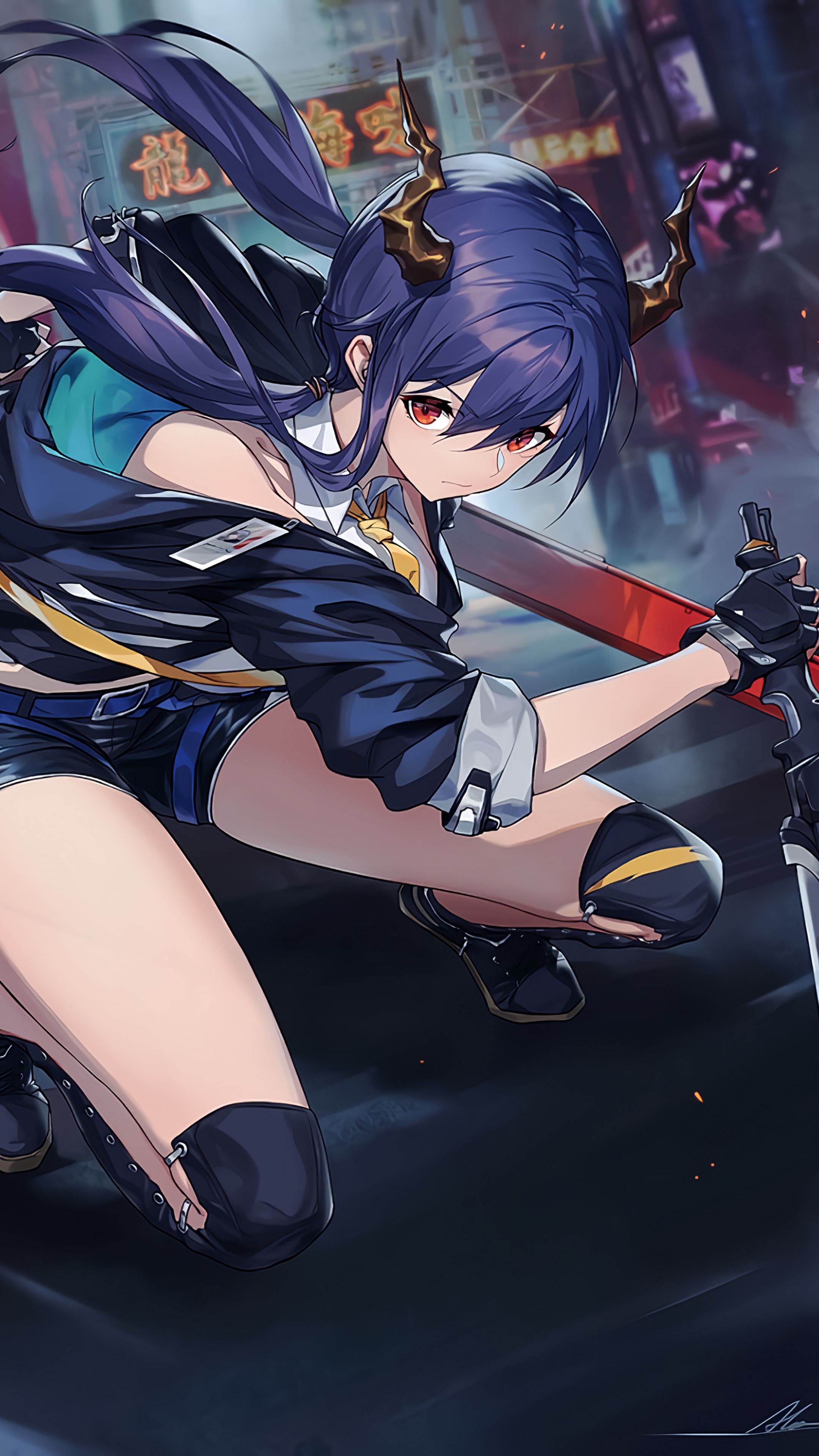 Anime girl with horns and sword in city HD Phone Wallpaper