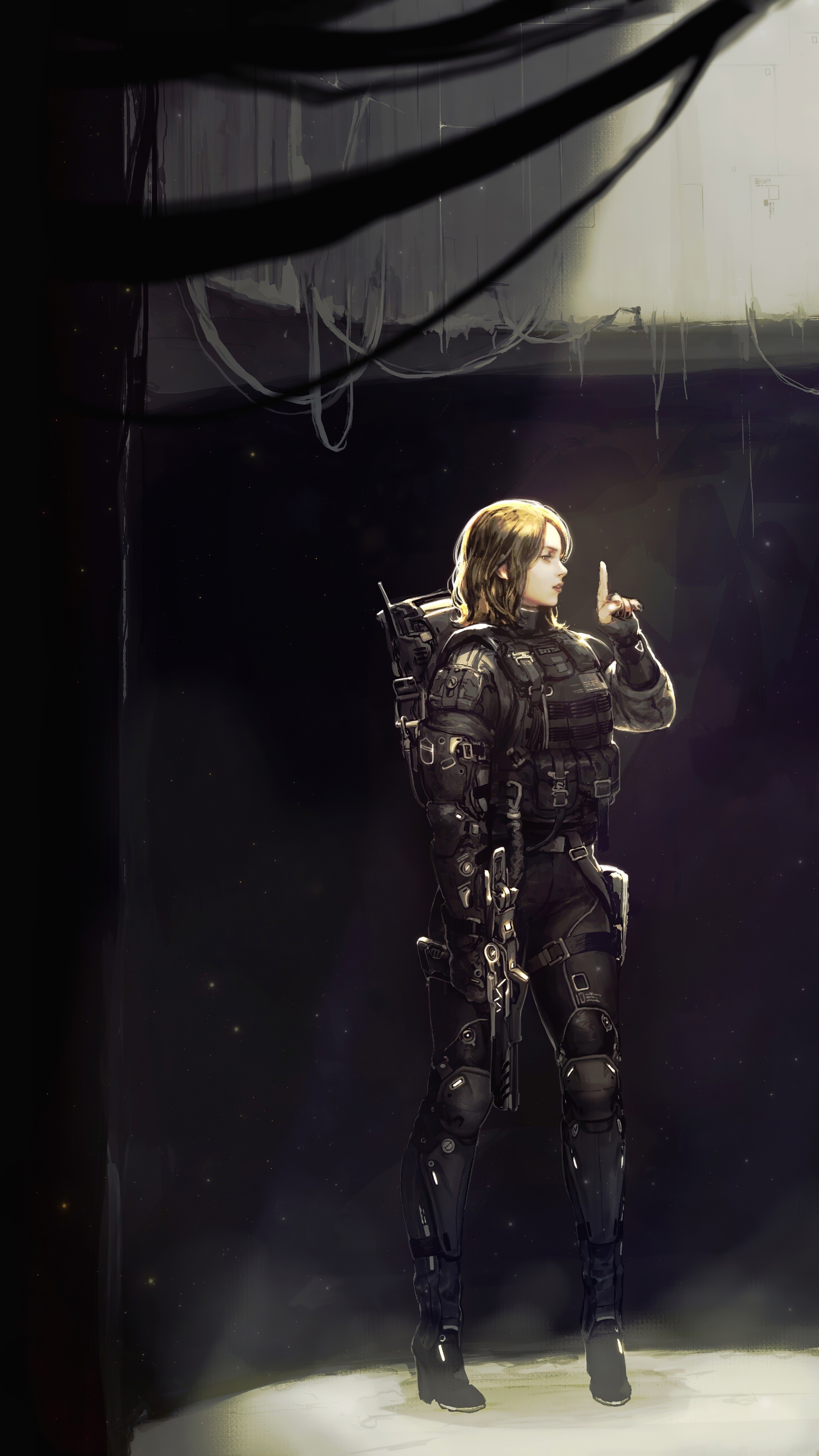 Anime girl in tactical gear with a rifle HD Phone Wallpaper