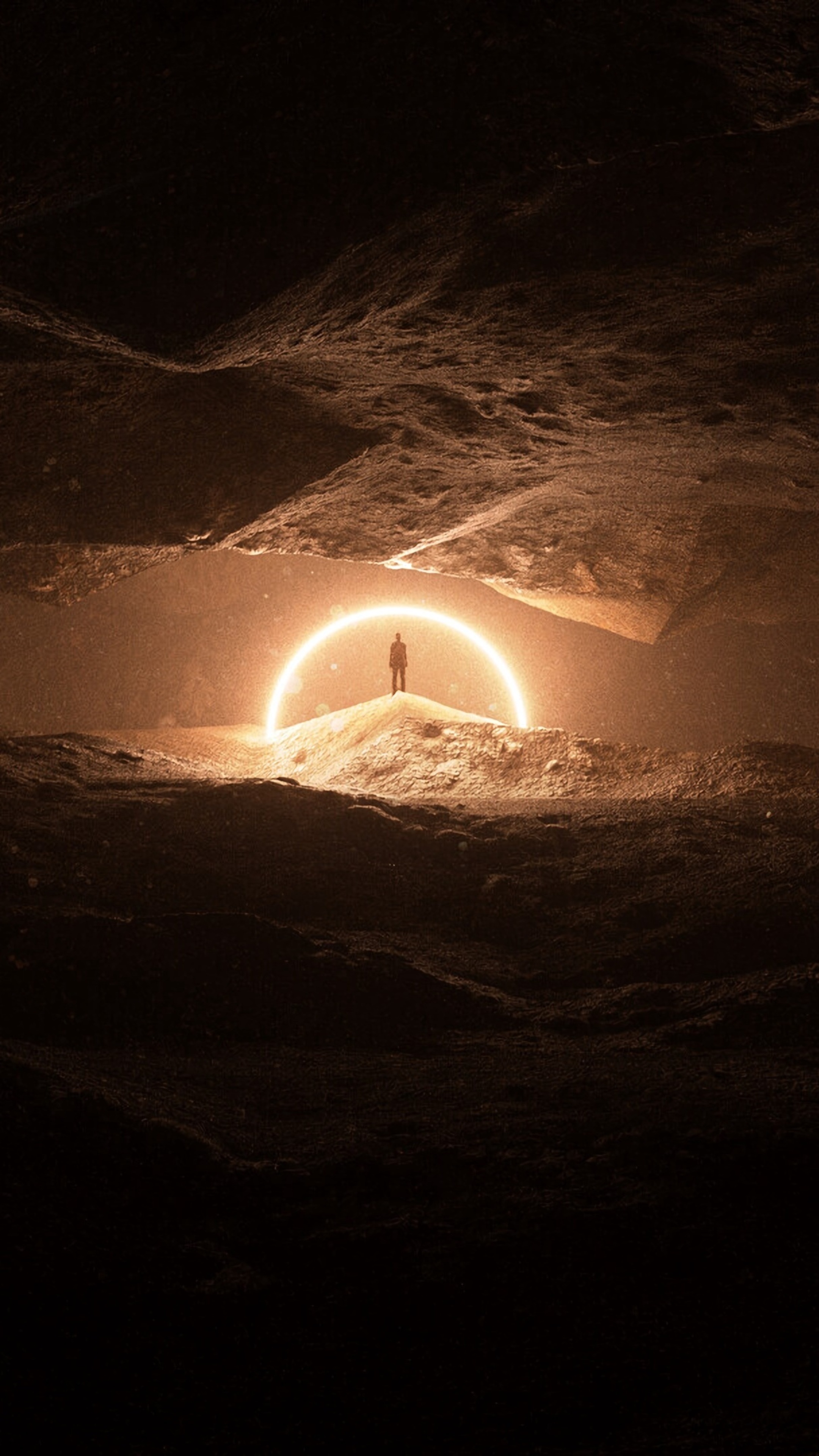 Silhouette in a glowing portal in a cave HD Phone Wallpaper