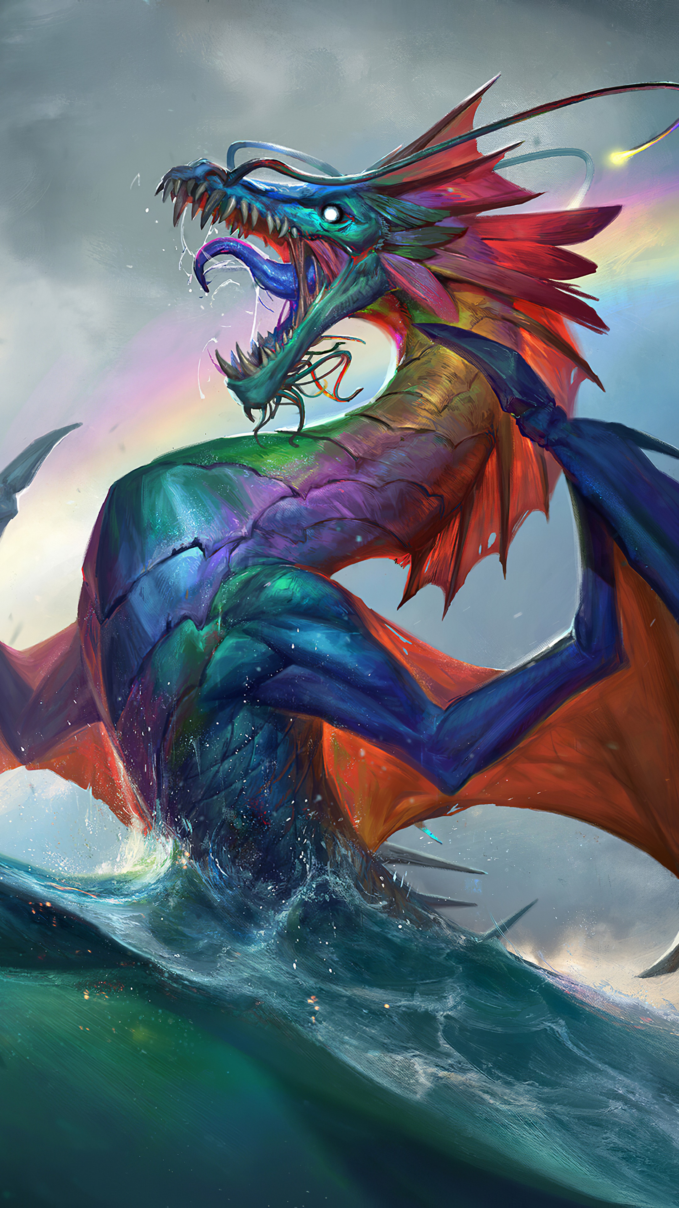 Rainbow Dragon emerging from the sea HD Phone Wallpaper