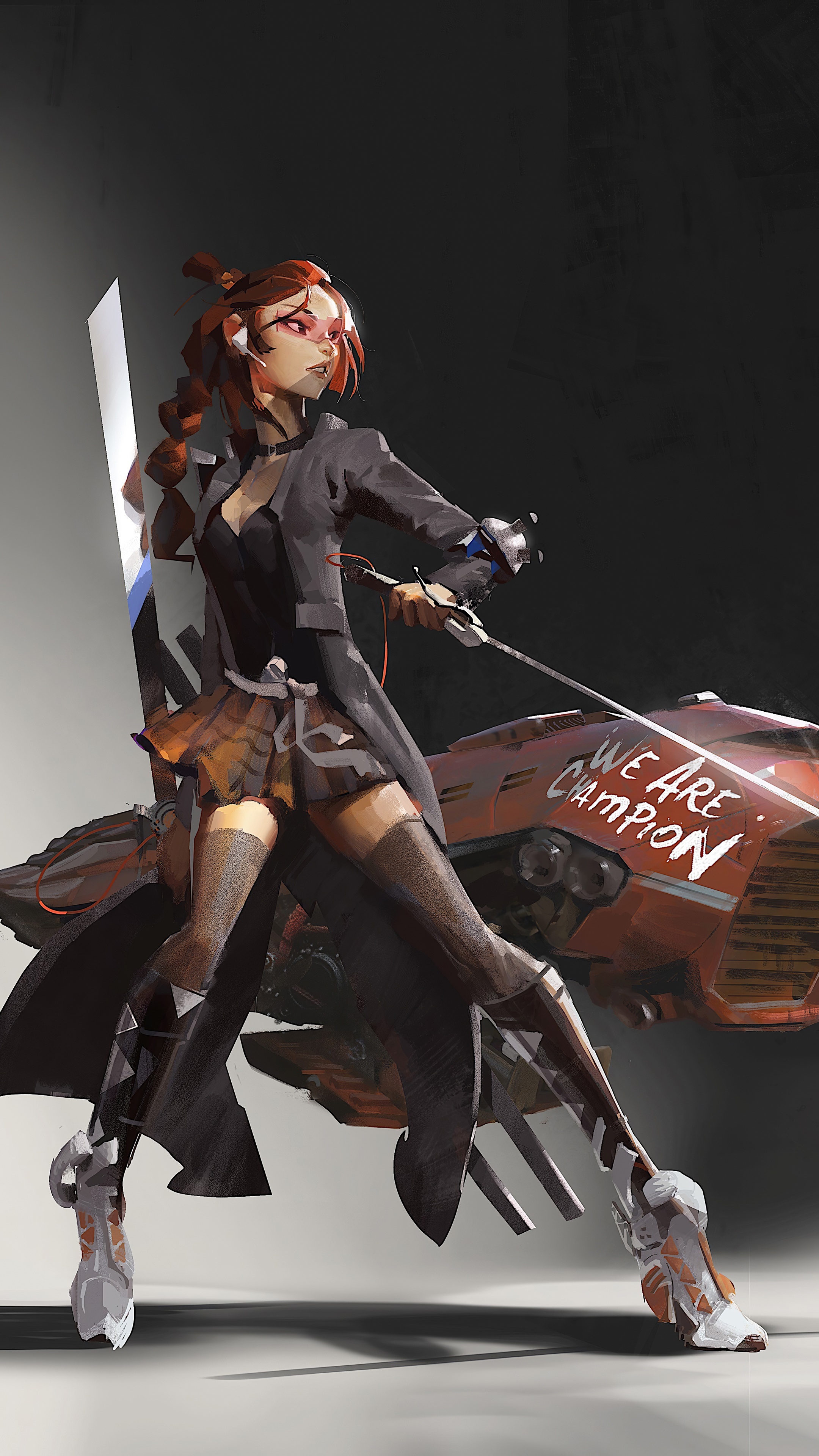 Woman with sword and futuristic vehicle HD Phone Wallpaper