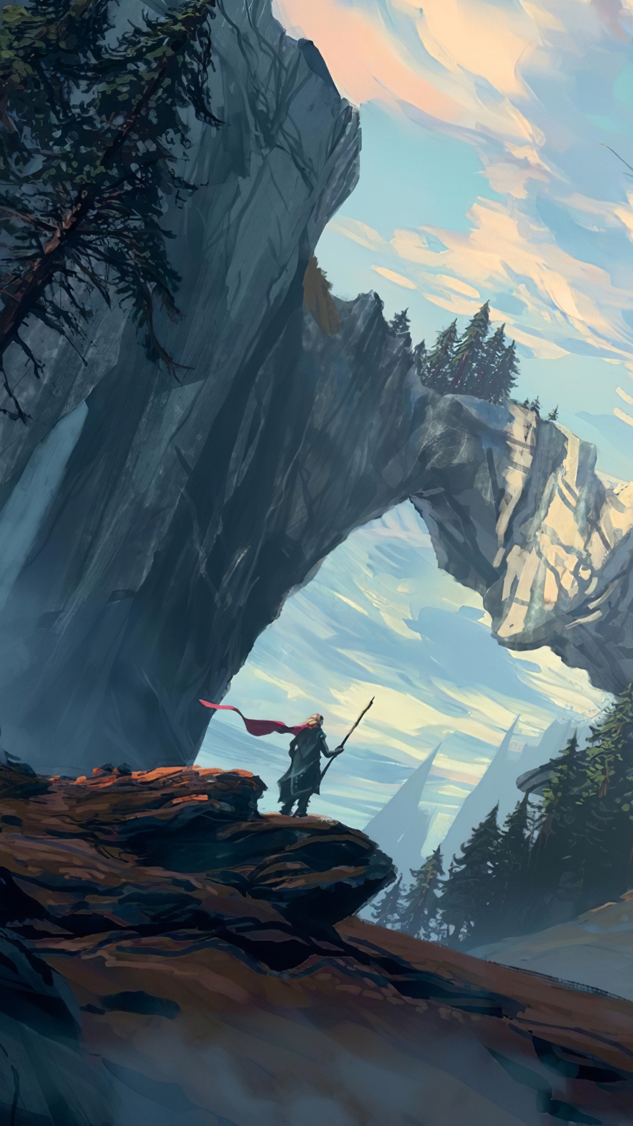 Warrior with staff and red cape on mountain overlook HD Phone Wallpaper