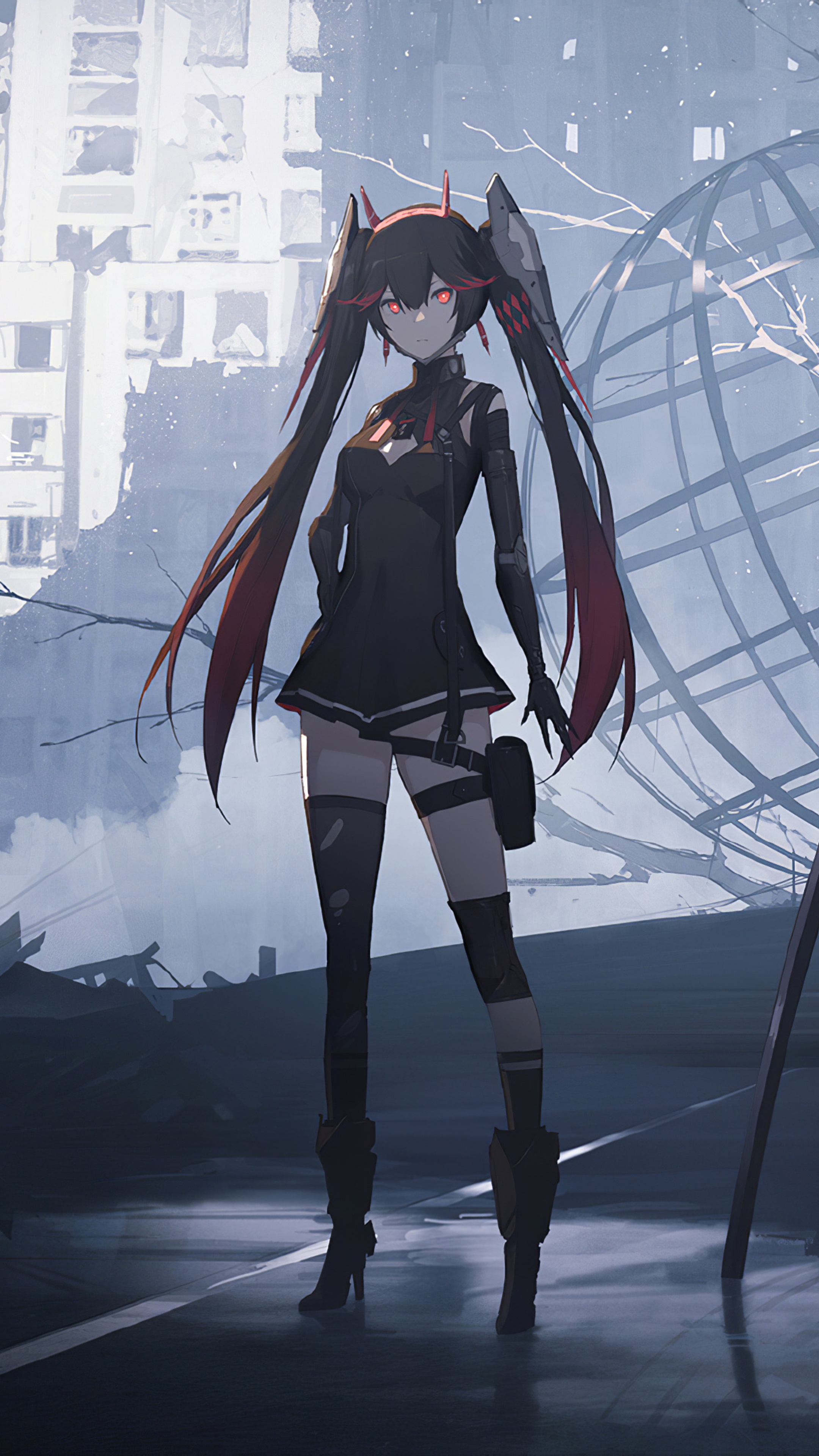 Anime girl with black and red pigtails in a destroyed city HD Phone Wallpaper
