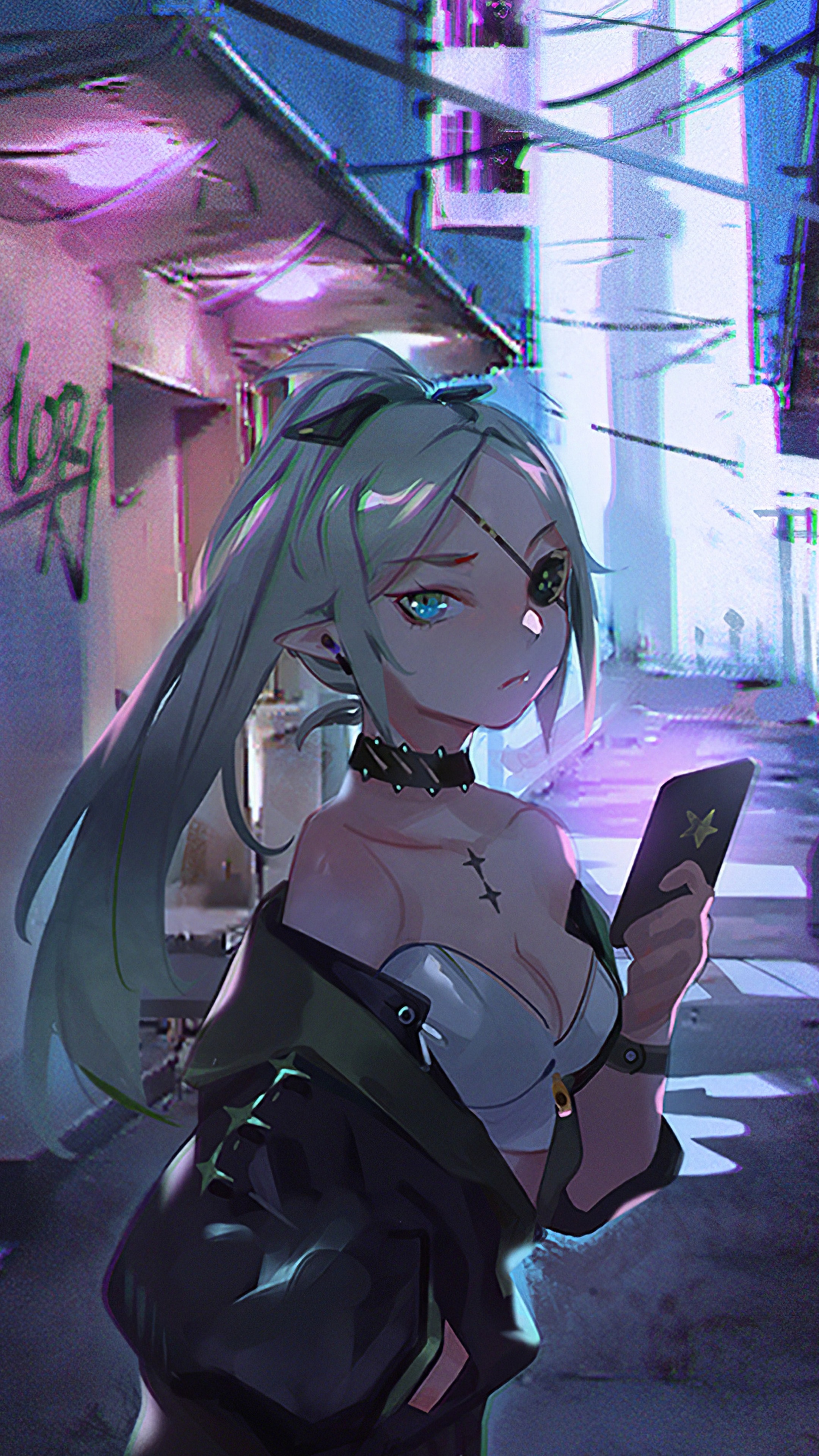 Anime girl with eyepatch holding a phone HD Phone Wallpaper