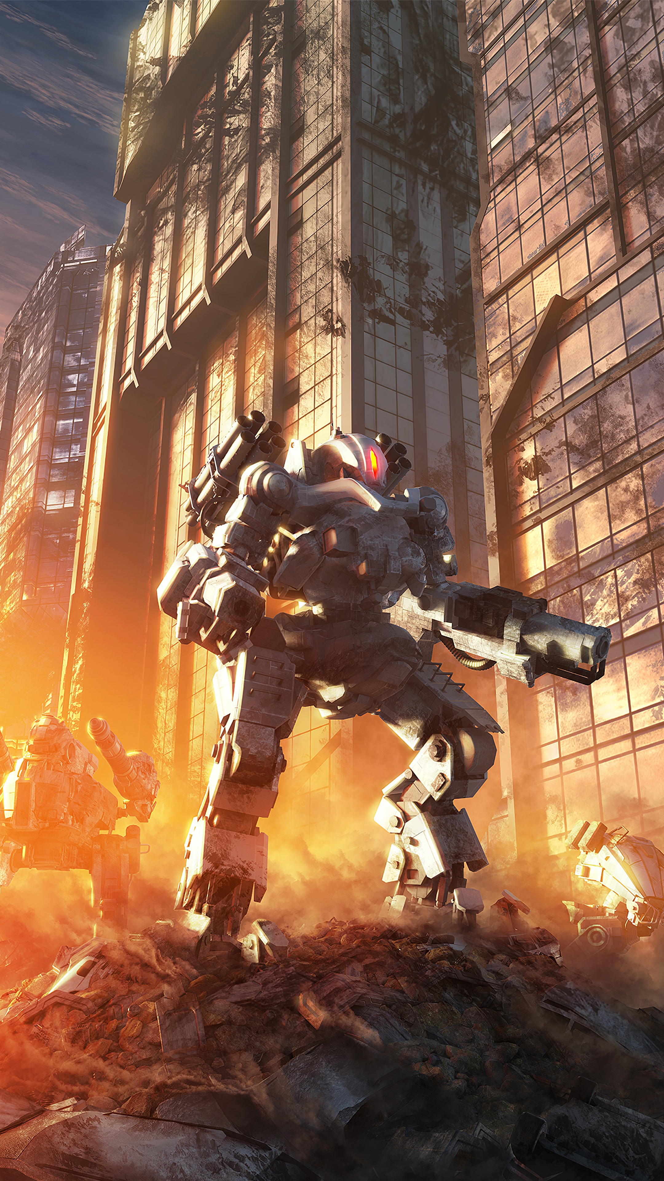 Mechs in a destroyed city HD Phone Wallpaper