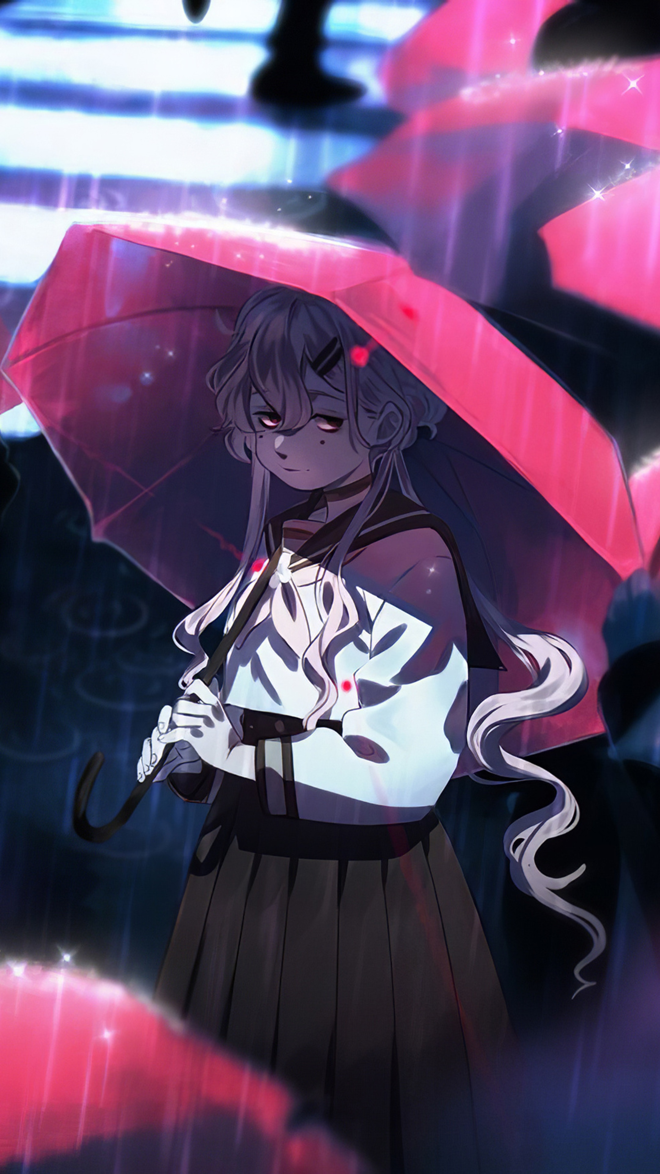 Anime girl with umbrella in the rain HD Phone Wallpaper
