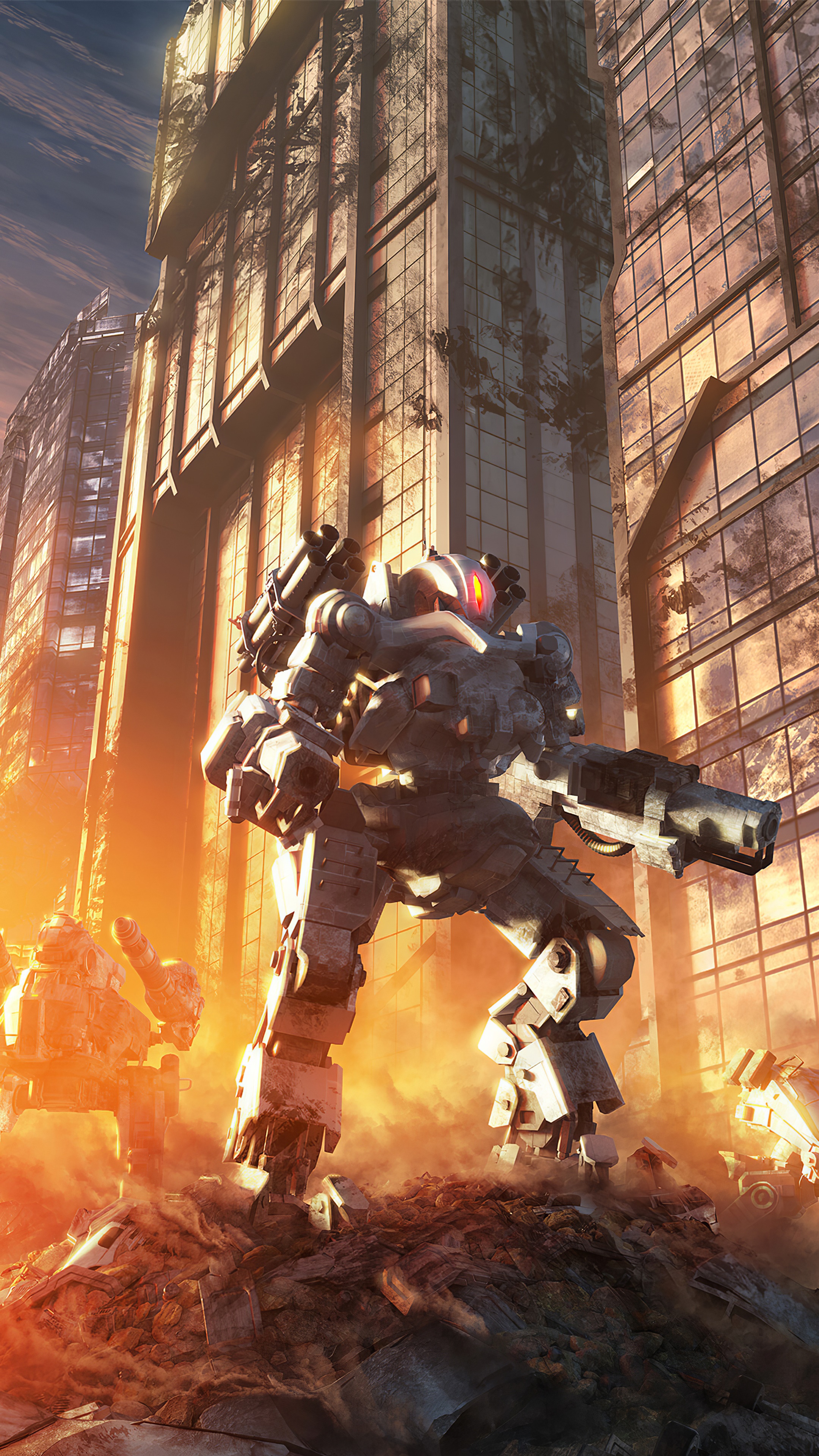 Mech Warrior in Ruined City HD Phone Wallpaper