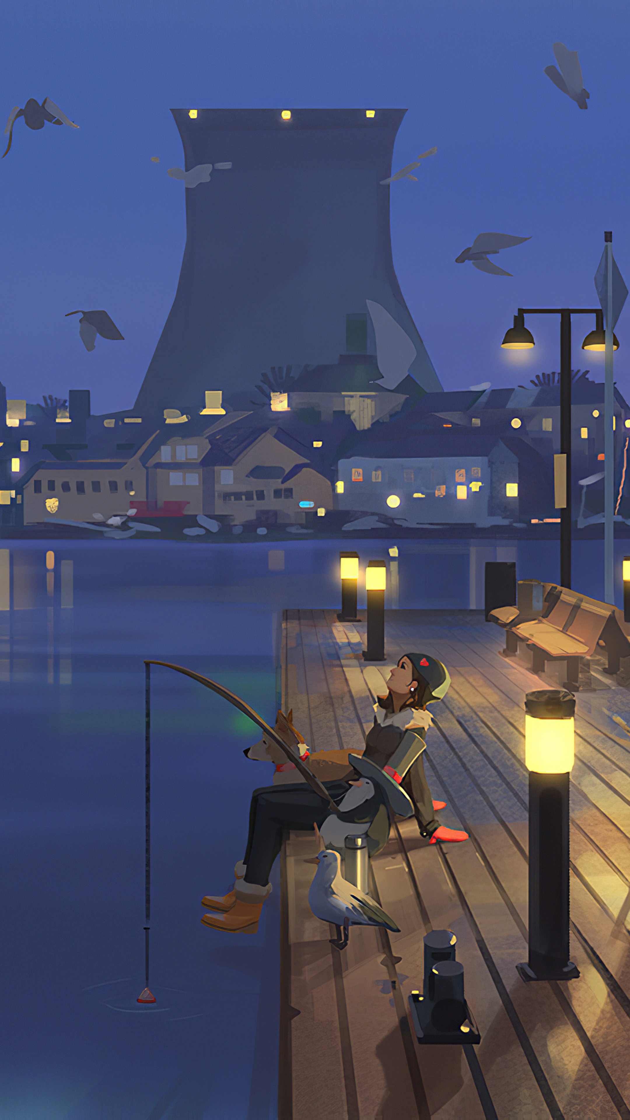 Girl fishing on a pier with a cooling tower in the background HD Phone Wallpaper