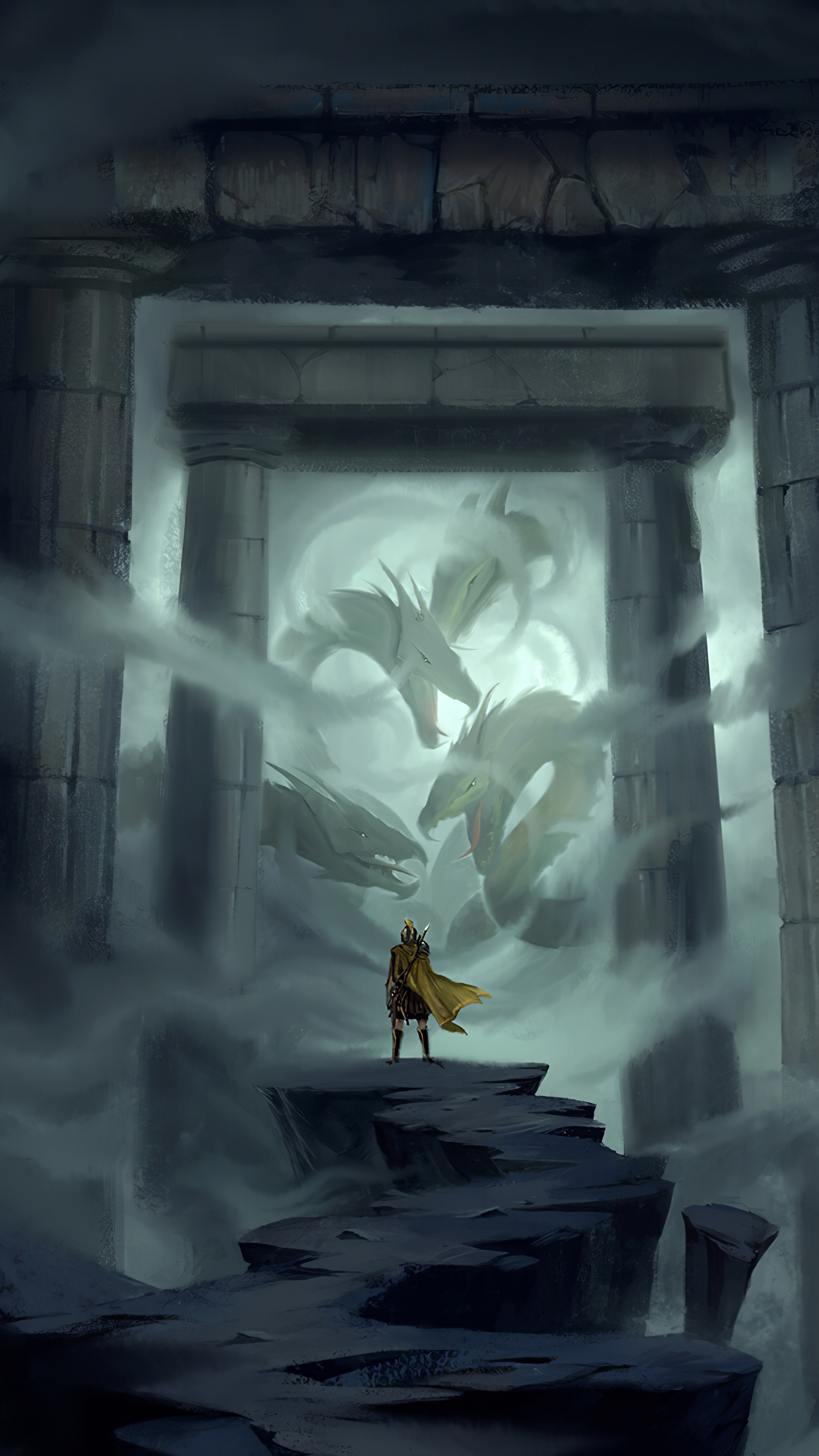 Man in yellow cape facing hydra dragons in ruins HD Phone Wallpaper