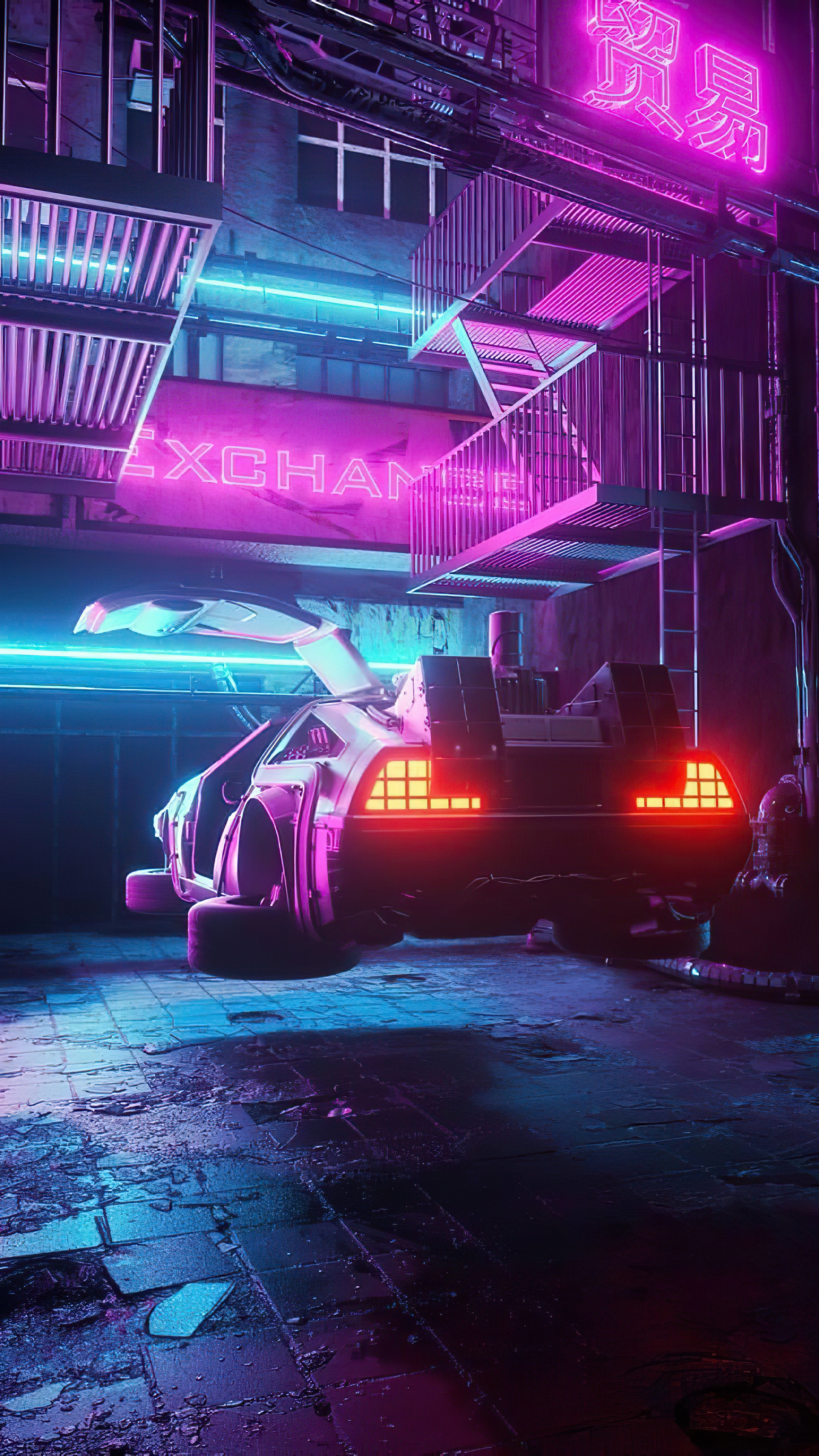 Delorean car in a neon-lit cyberpunk city HD Phone Wallpaper