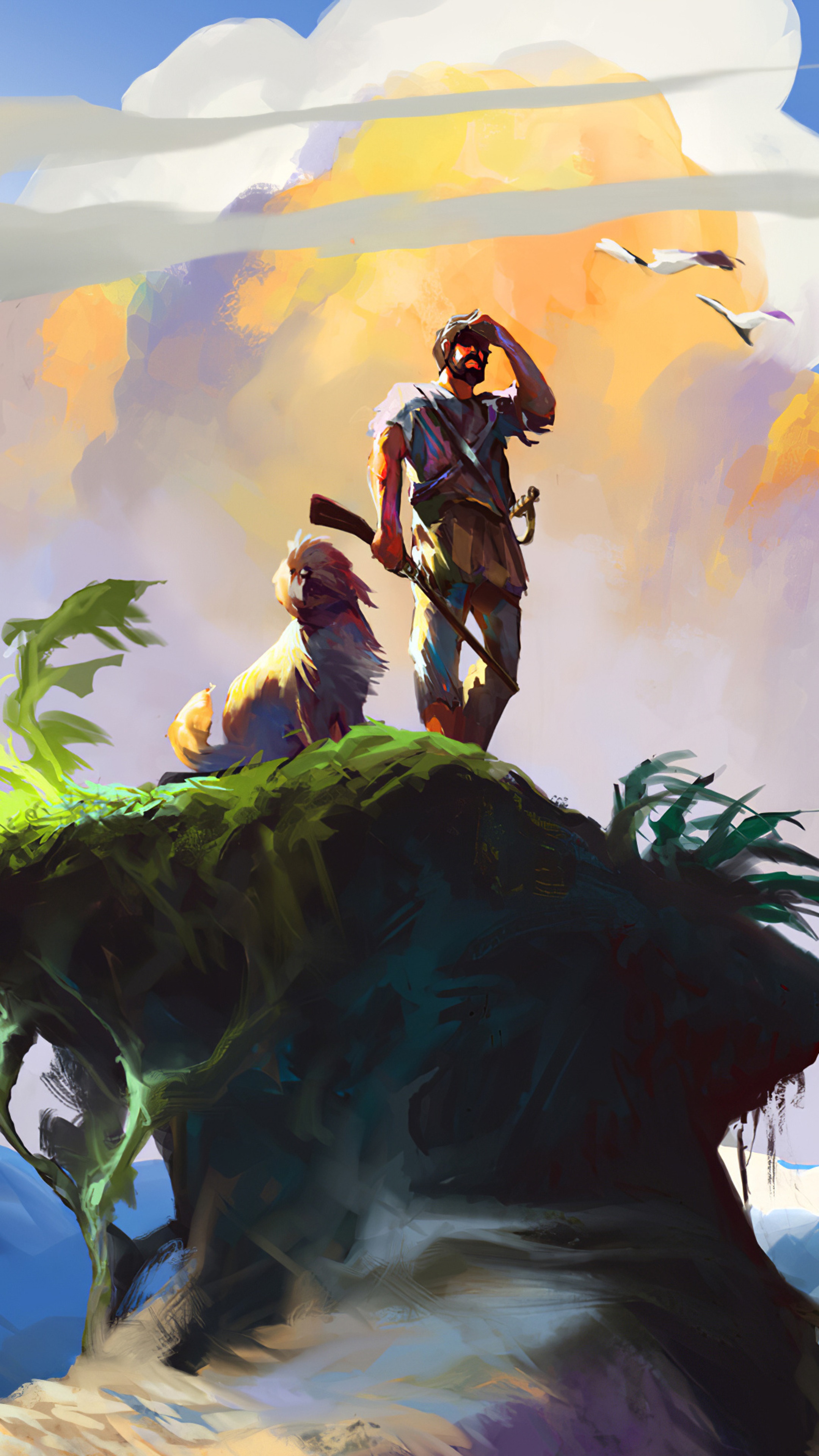 Man and dog on a cliff with birds HD Phone Wallpaper