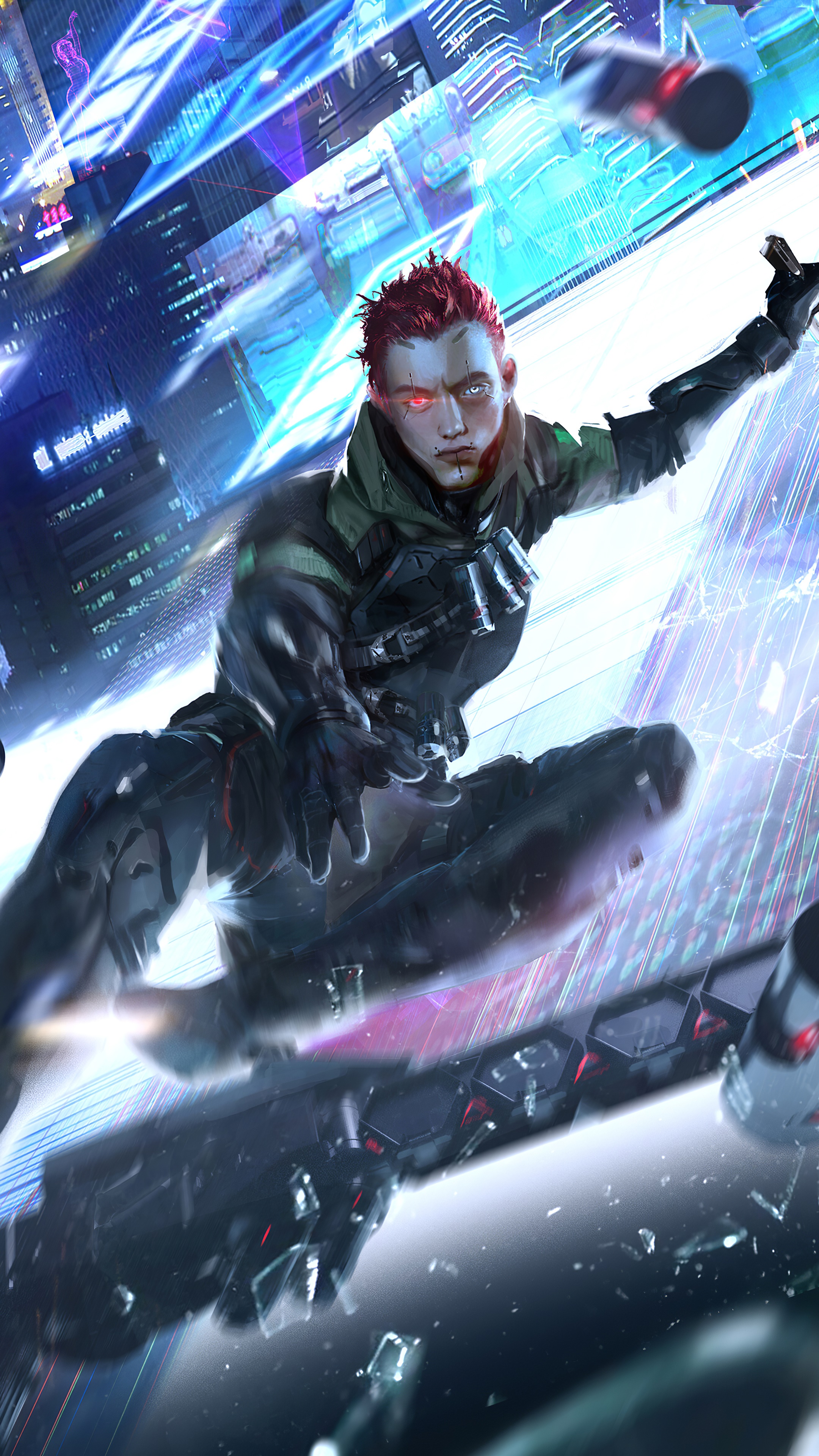 Cyberpunk character with red eyes leaping through a futuristic city HD Phone Wallpaper