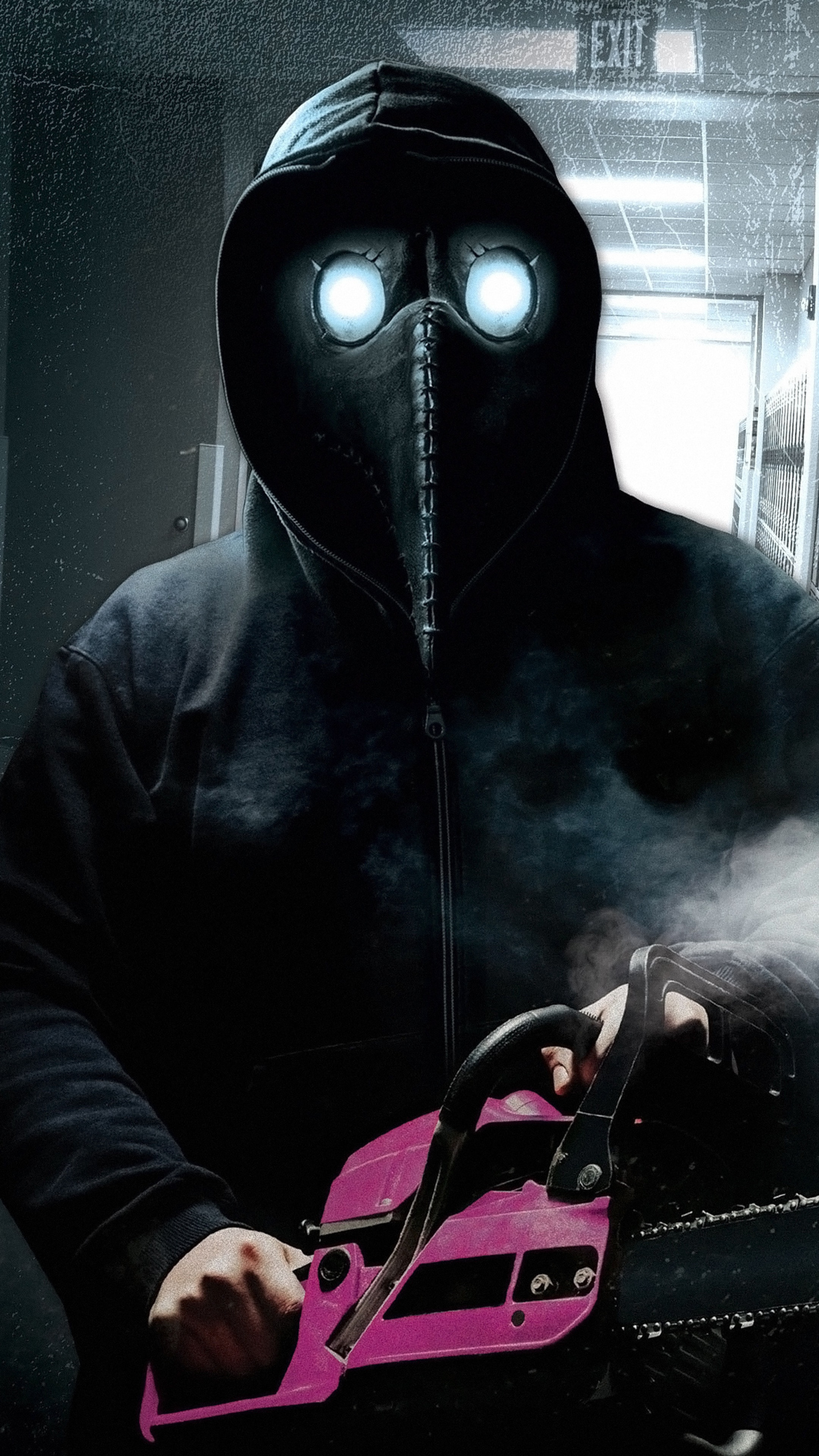 Person in Plague Doctor Mask with Chainsaw HD Phone Wallpaper