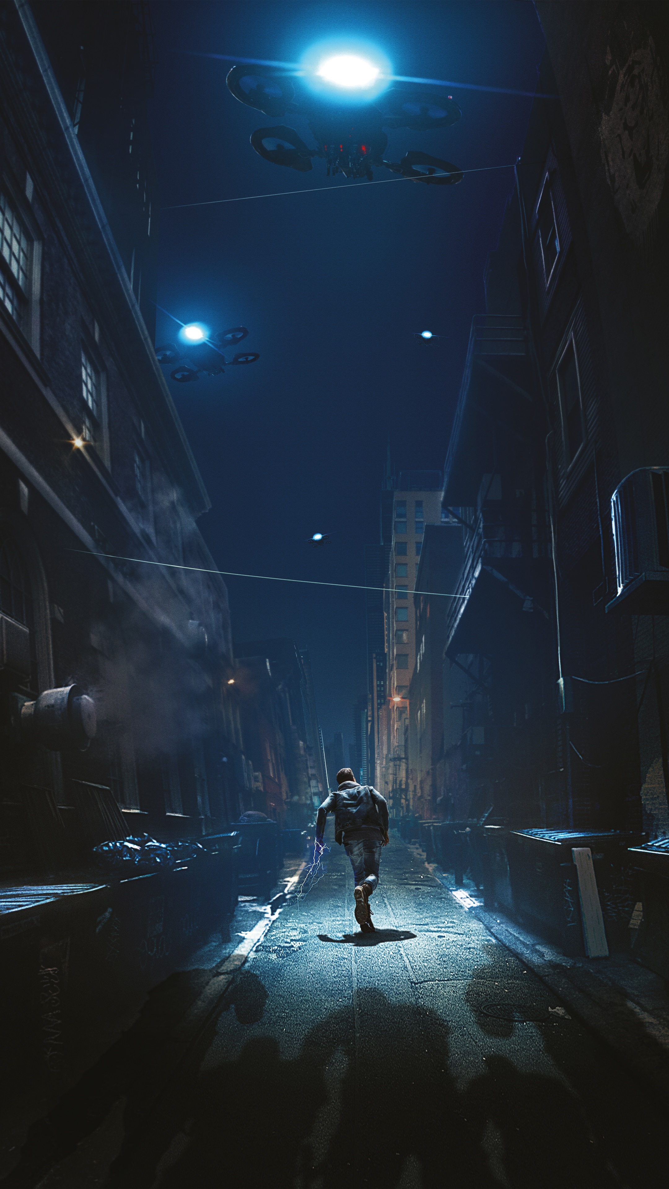 Man running down alley with drones overhead HD Phone Wallpaper