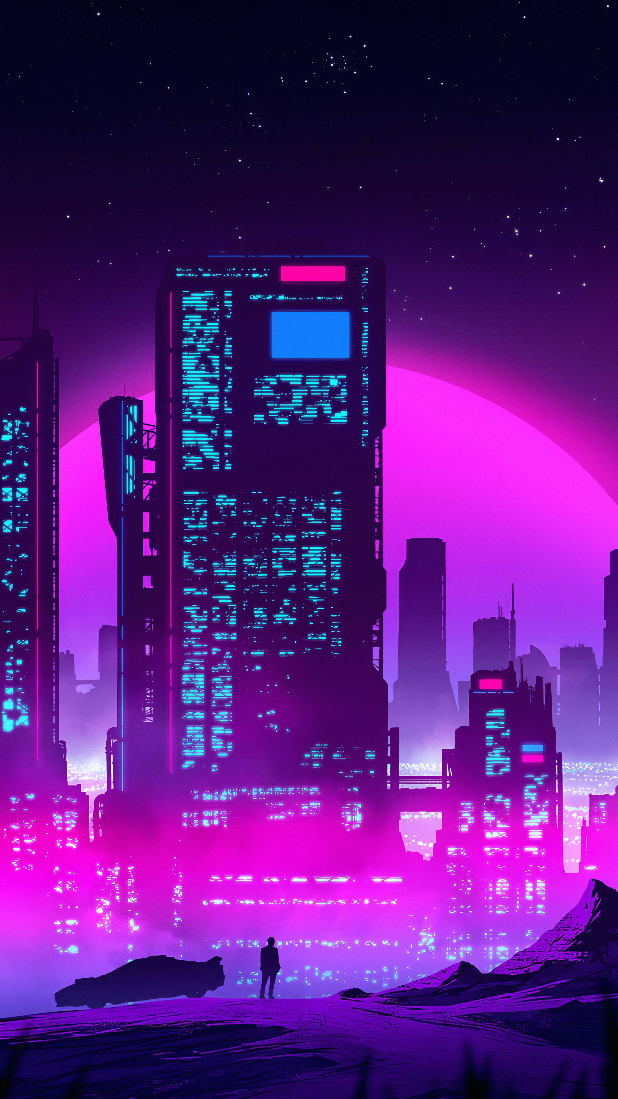 Synthwave cityscape with a lone figure and car HD Phone Wallpaper