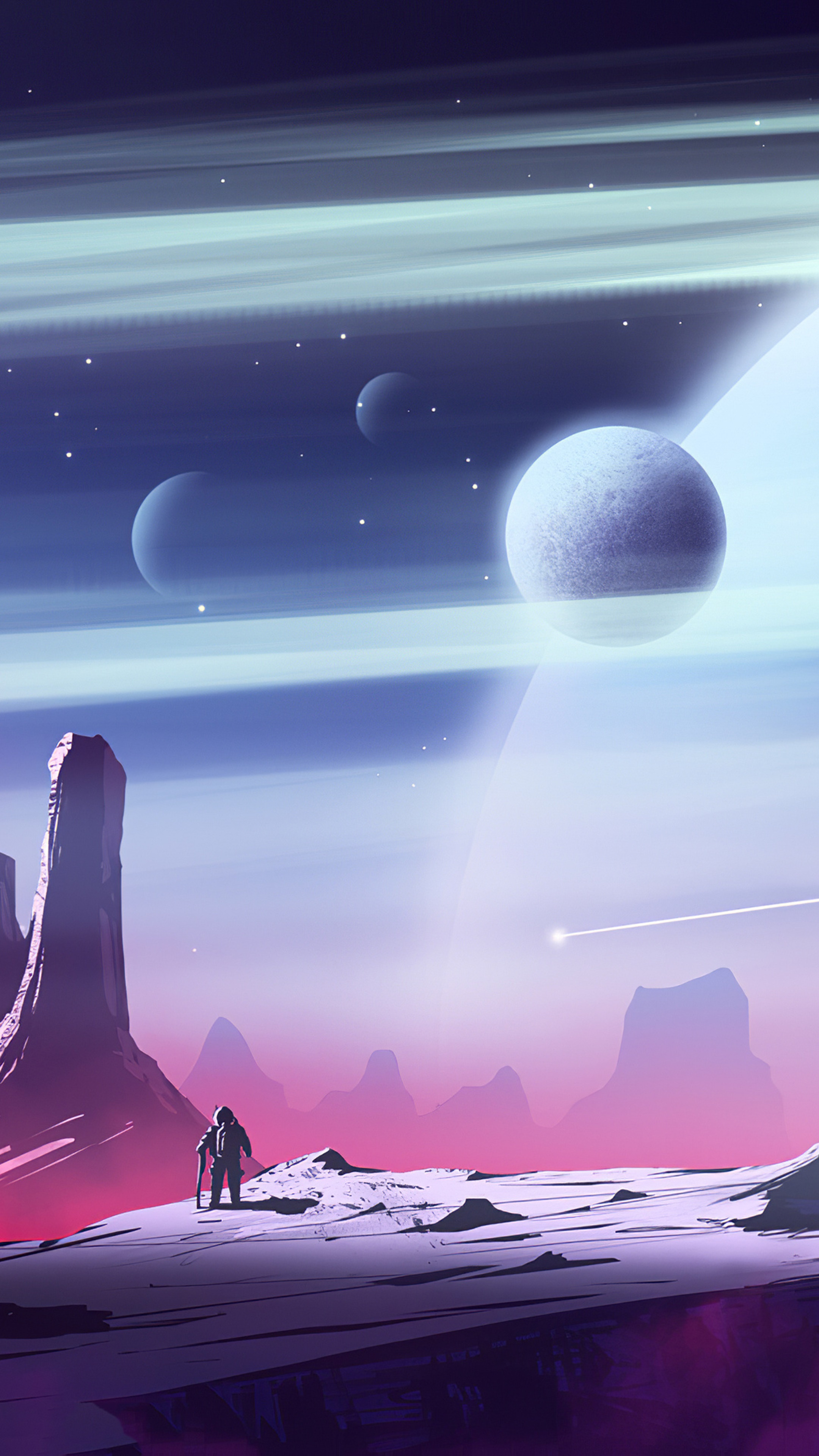 Astronaut on alien planet with rings and moons HD Phone Wallpaper