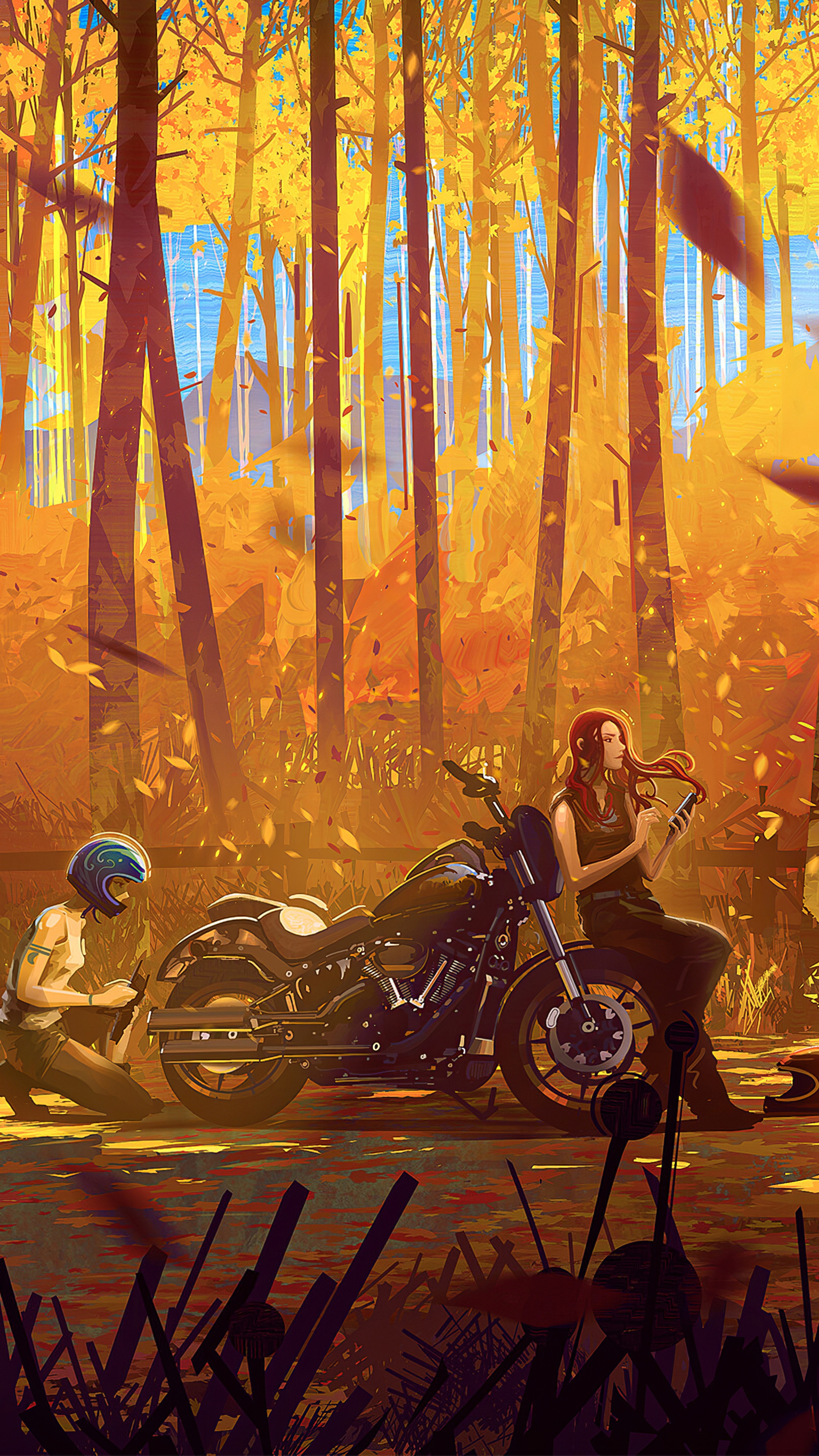 Two women and a motorcycle in an autumn forest HD Phone Wallpaper